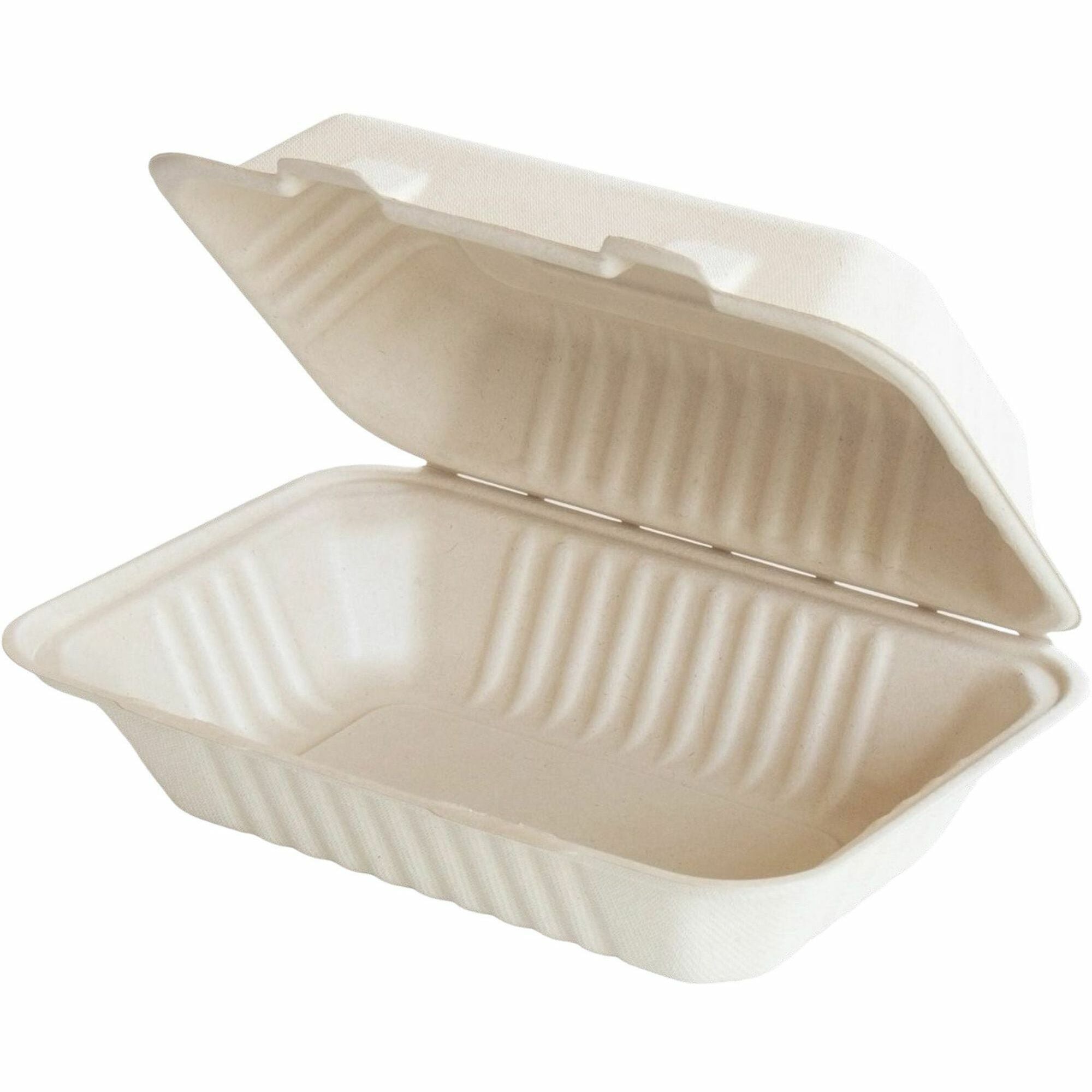BluTable 27 oz Portable Clamshell Containers - Food - Natural - Molded Fiber, Sugarcane Fiber Body - 250 / Carton - 1