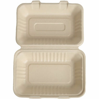 BluTable 27 oz Portable Clamshell Containers - Food - Natural - Molded Fiber, Sugarcane Fiber Body - 250 / Carton