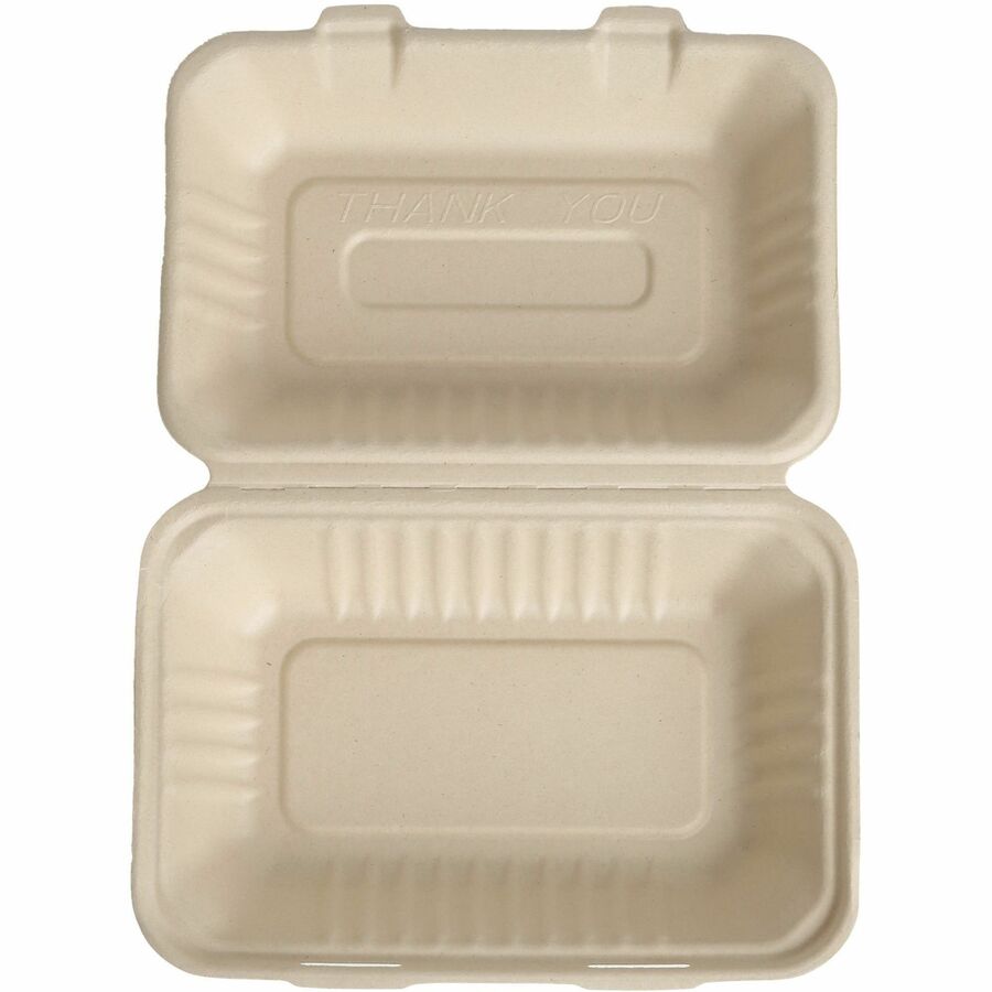 BluTable 27 oz Portable Clamshell Containers - Food - Natural - Molded Fiber, Sugarcane Fiber Body - 250 / Carton