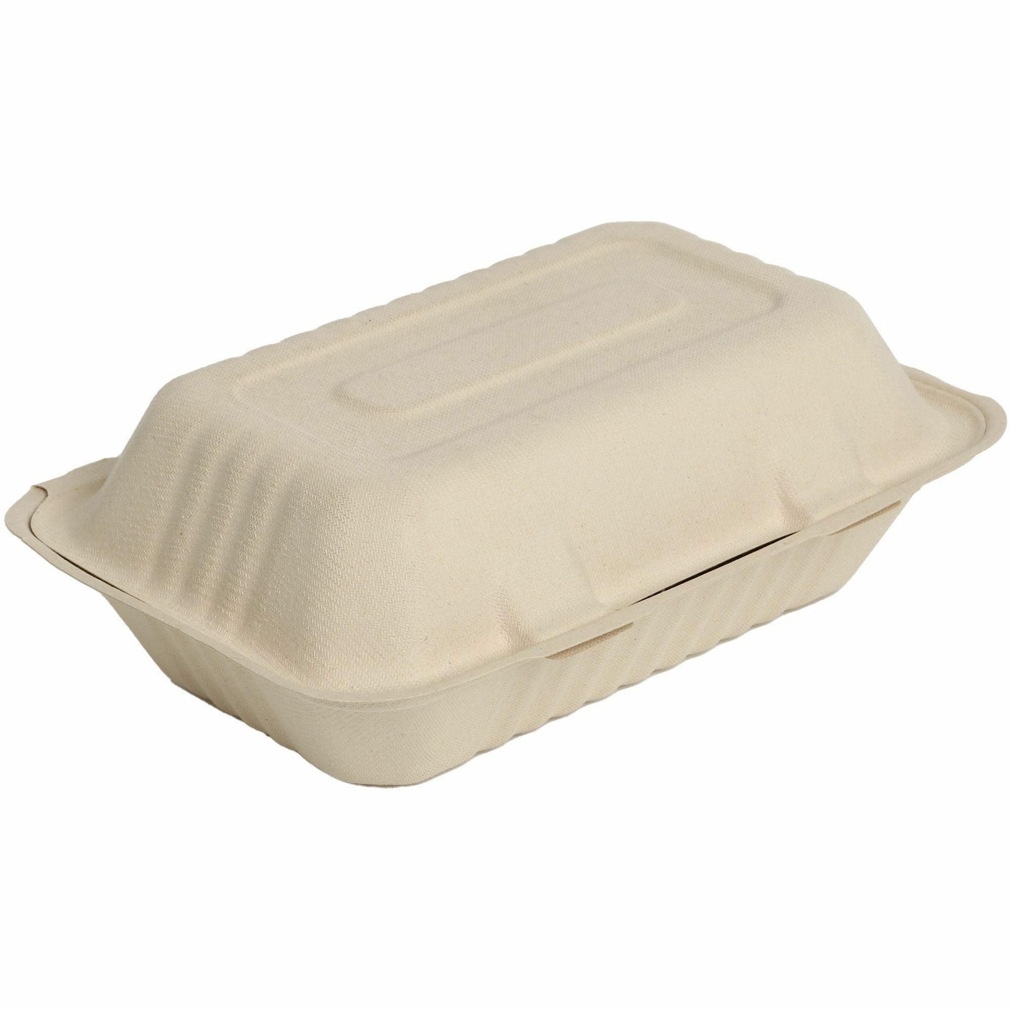 BluTable 27 oz Portable Clamshell Containers - Food - Natural - Molded Fiber, Sugarcane Fiber Body - 250 / Carton - 2