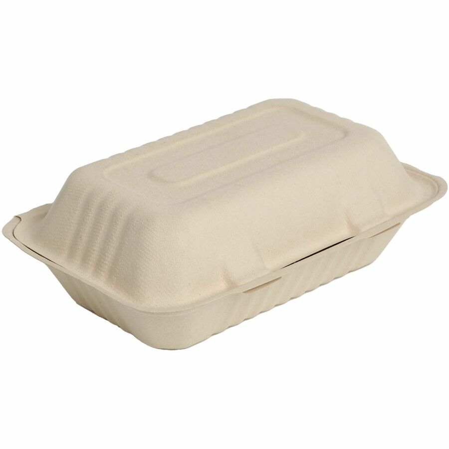 BluTable 27 oz Portable Clamshell Containers - Food - Natural - Molded Fiber, Sugarcane Fiber Body - 250 / Carton