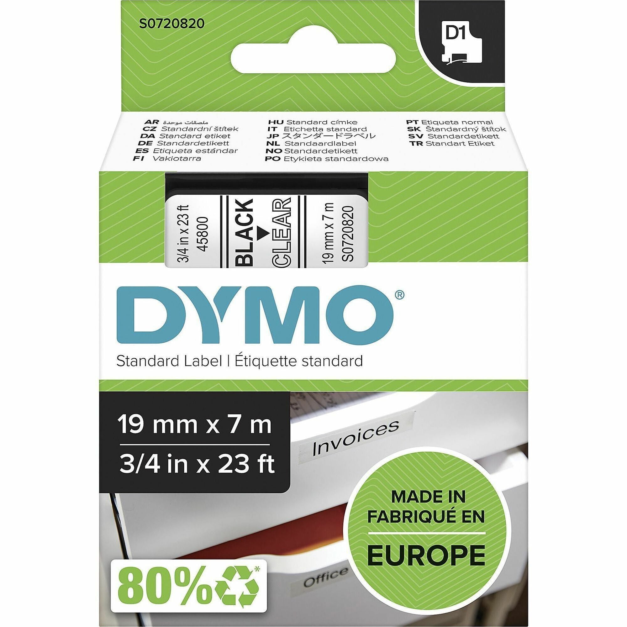 Dymo S0720820 D1 45800 Tape 19mm x 7m Black on Clear - 3/4" Width x 22 31/32 ft Length - Black on Clear - 1 Each - Easy Peel, Durable