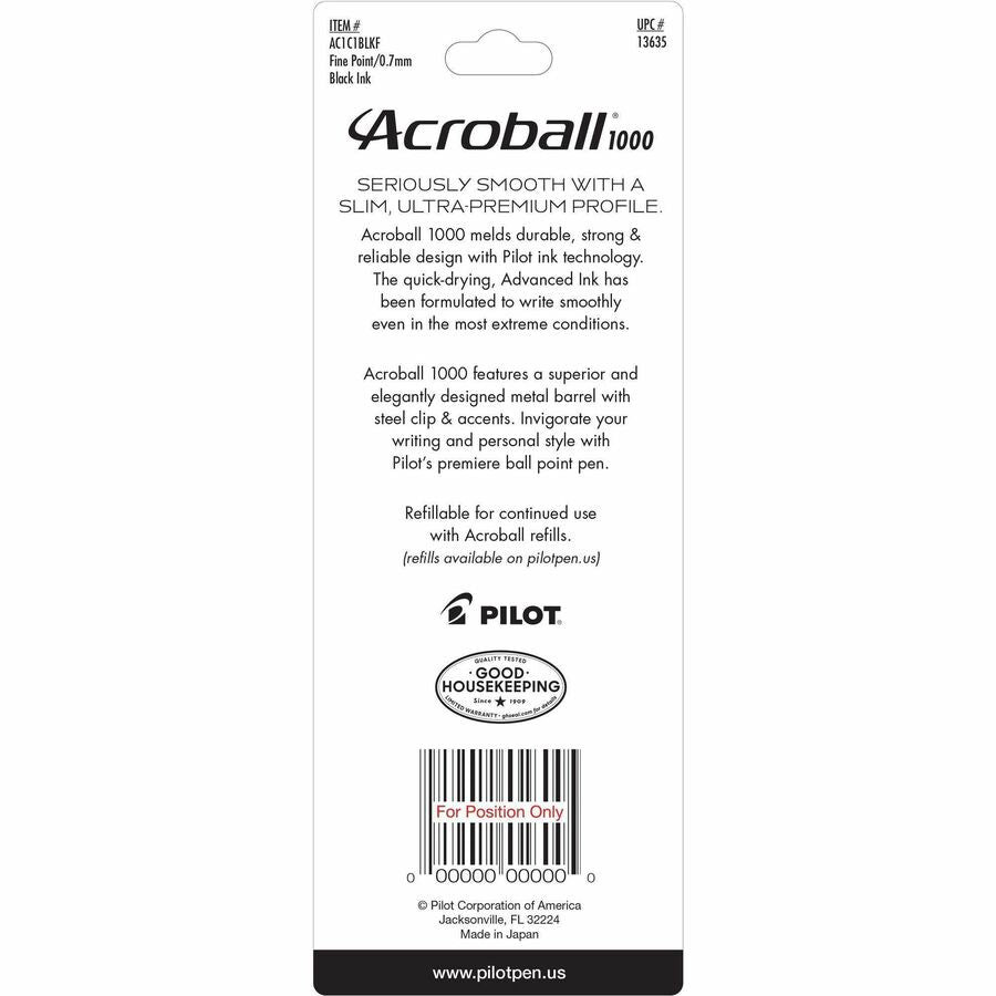 Acroball Ballpoint Pen - Fine Pen Point - 0.7 mm Pen Point Size - Refillable - Retractable - Black Gel-based Ink - Black Barrel - Tungsten Carbide Tip