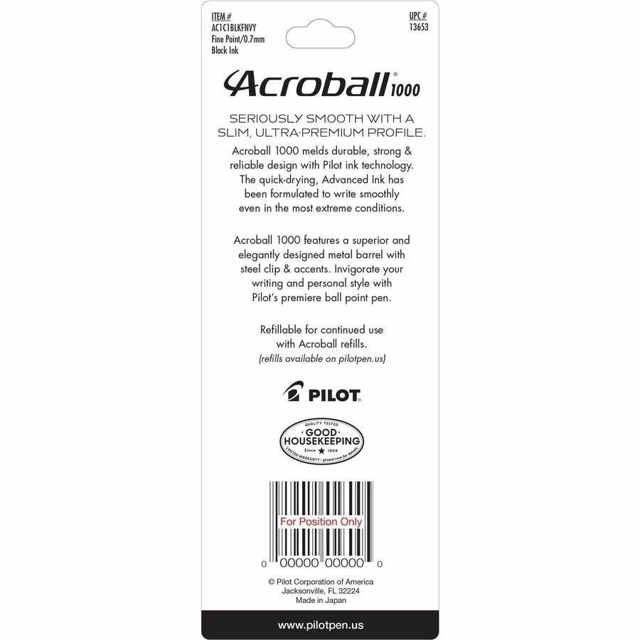 Acroball Ballpoint Pen - Fine Pen Point - 0.7 mm Pen Point Size - Refillable - Retractable - Black Gel-based Ink - Navy Metal Barrel - Tungsten Carbide Tip
