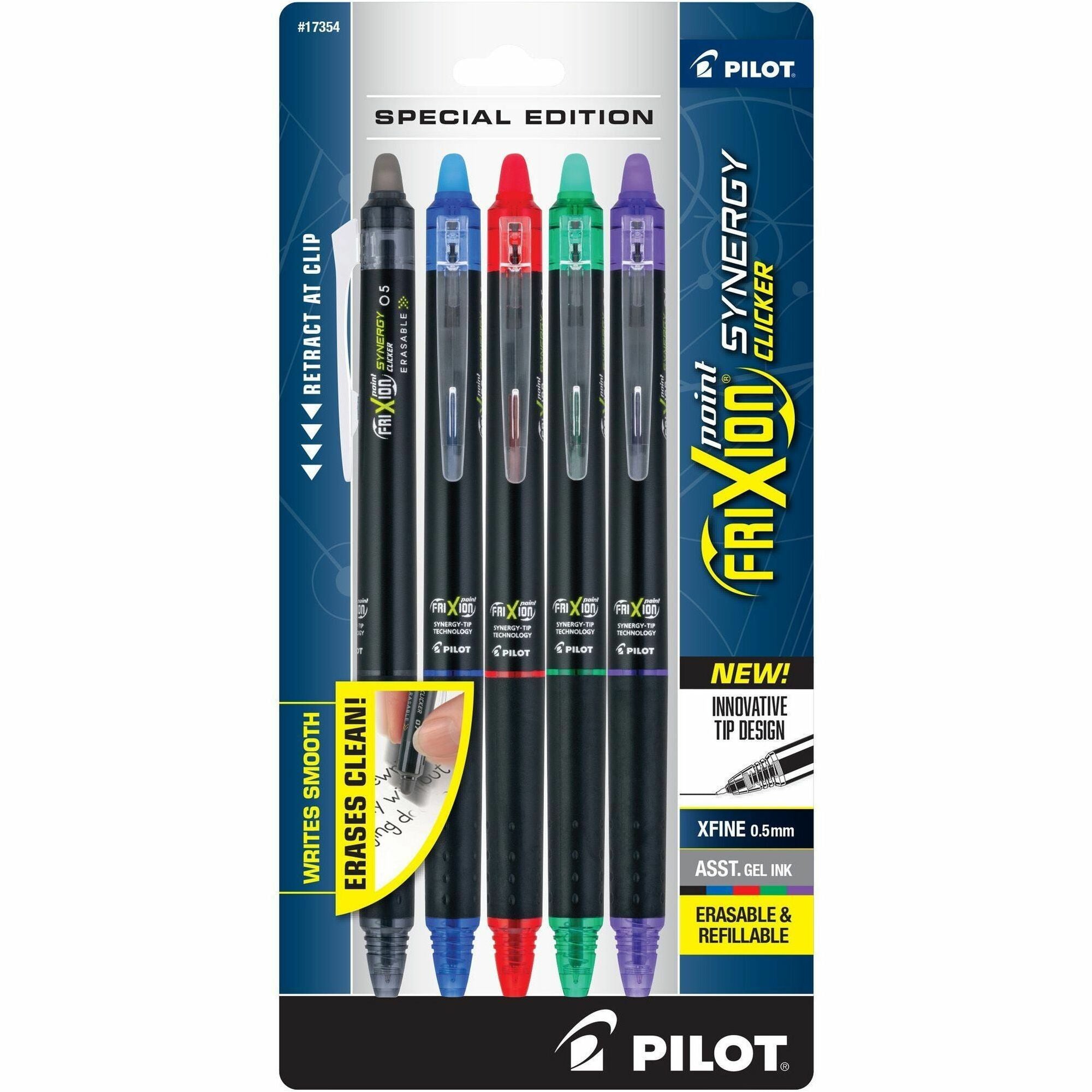 FriXion Synergy Clicker Erasable Gel Pen, Retractable, Extra-Fine 0.5 mm, Assorted Ink/Barrel Colors, 5/Pack