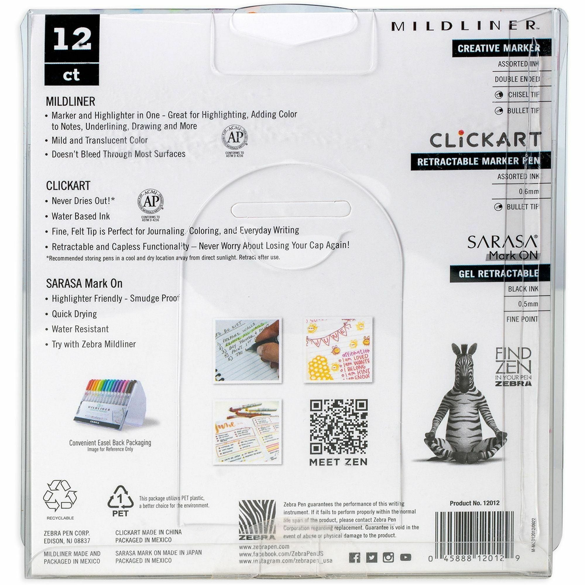 zebra-creative-note-taking-set-fine-pen-point-fine-marker-point-chisel-bullet-marker-point-style-felt-tip-assorted-gel-based-ink-retractable-12-pack_zeb12012 - 2
