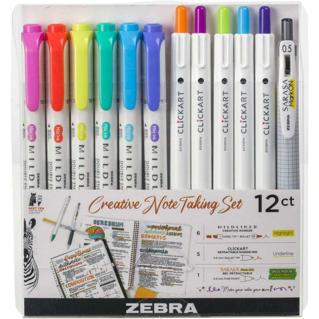 zebra-creative-note-taking-set-fine-pen-point-fine-marker-point-chisel-bullet-marker-point-style-felt-tip-assorted-gel-based-ink-retractable-12-pack_zeb12012 - 1