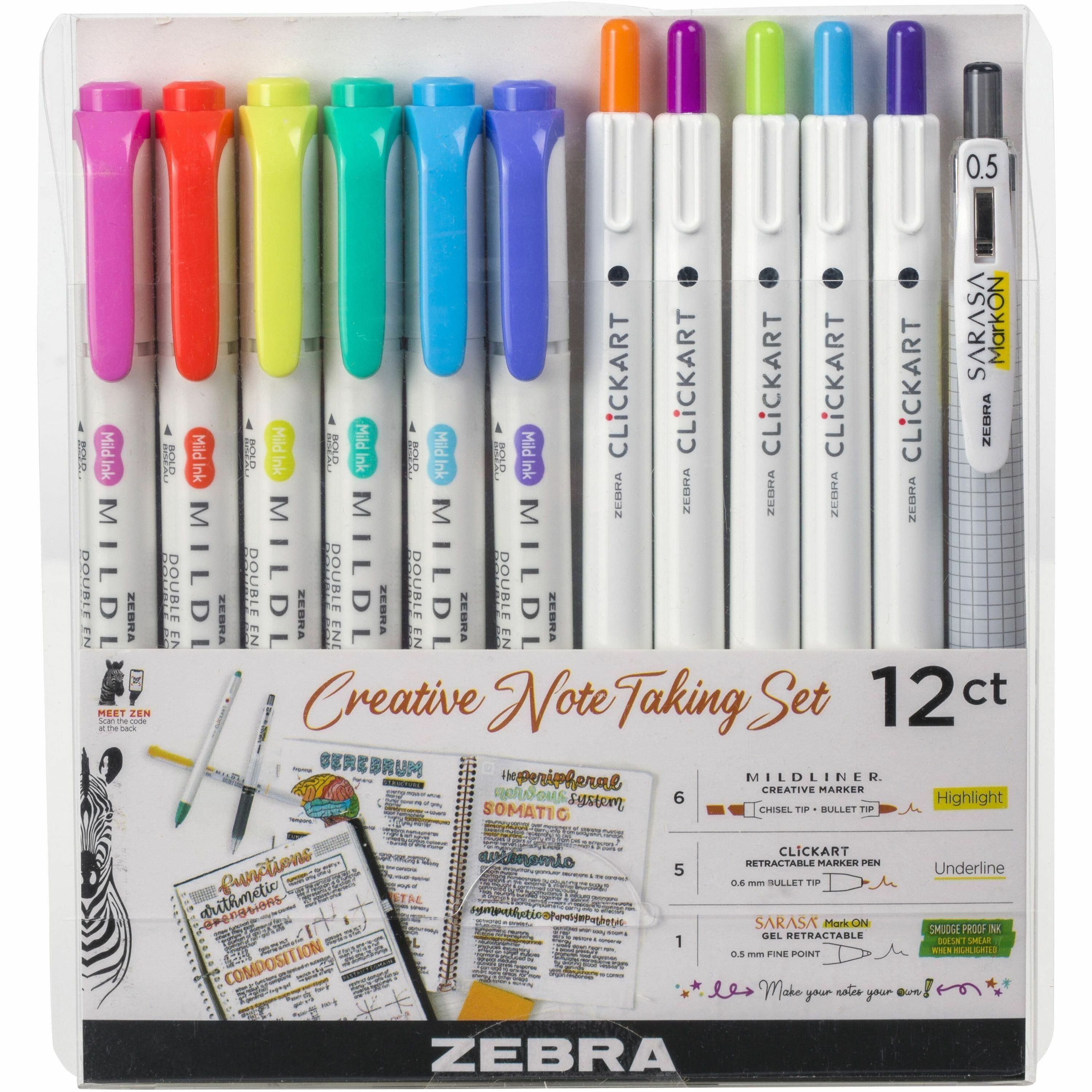 zebra-creative-note-taking-set-fine-pen-point-fine-marker-point-chisel-bullet-marker-point-style-felt-tip-assorted-gel-based-ink-retractable-12-pack_zeb12012 - 1