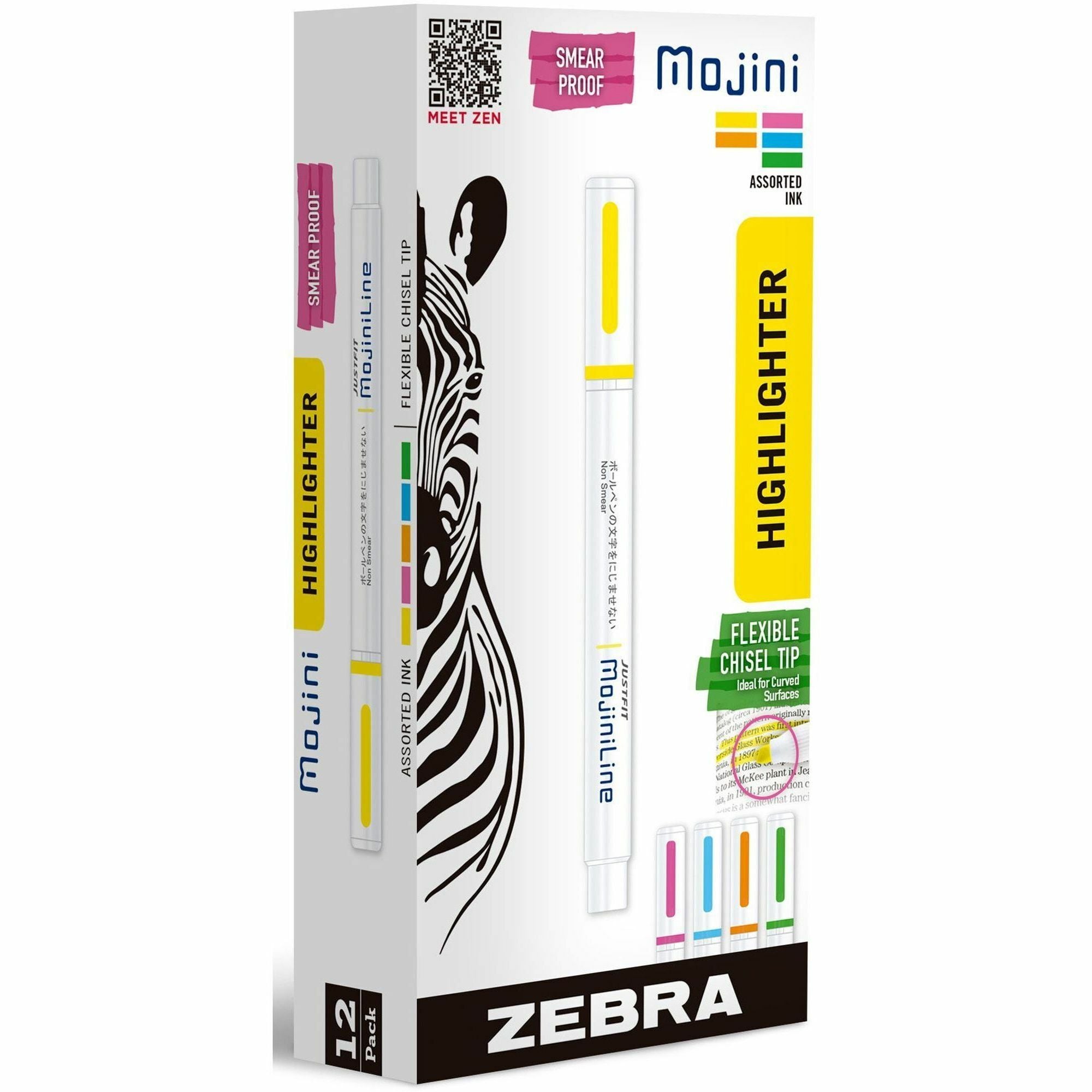 Zebra Pen Mojini Single Ended Highlighters - 4 mm Marker Point Size - Chisel Marker Point Style - Assorted Water Based Ink - 12 / Dozen