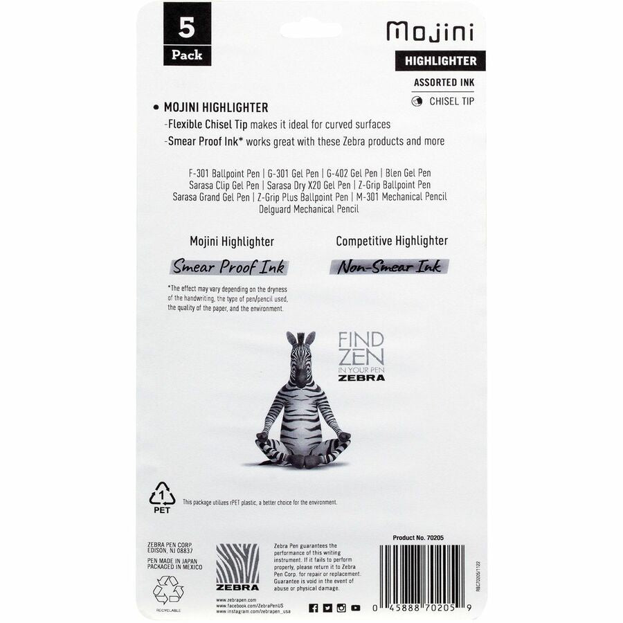 Zebra Pen Mojini Single Ended Highlighters - 4 mm Marker Point Size - Chisel Marker Point StyleWater Based Ink - 5 / Pack