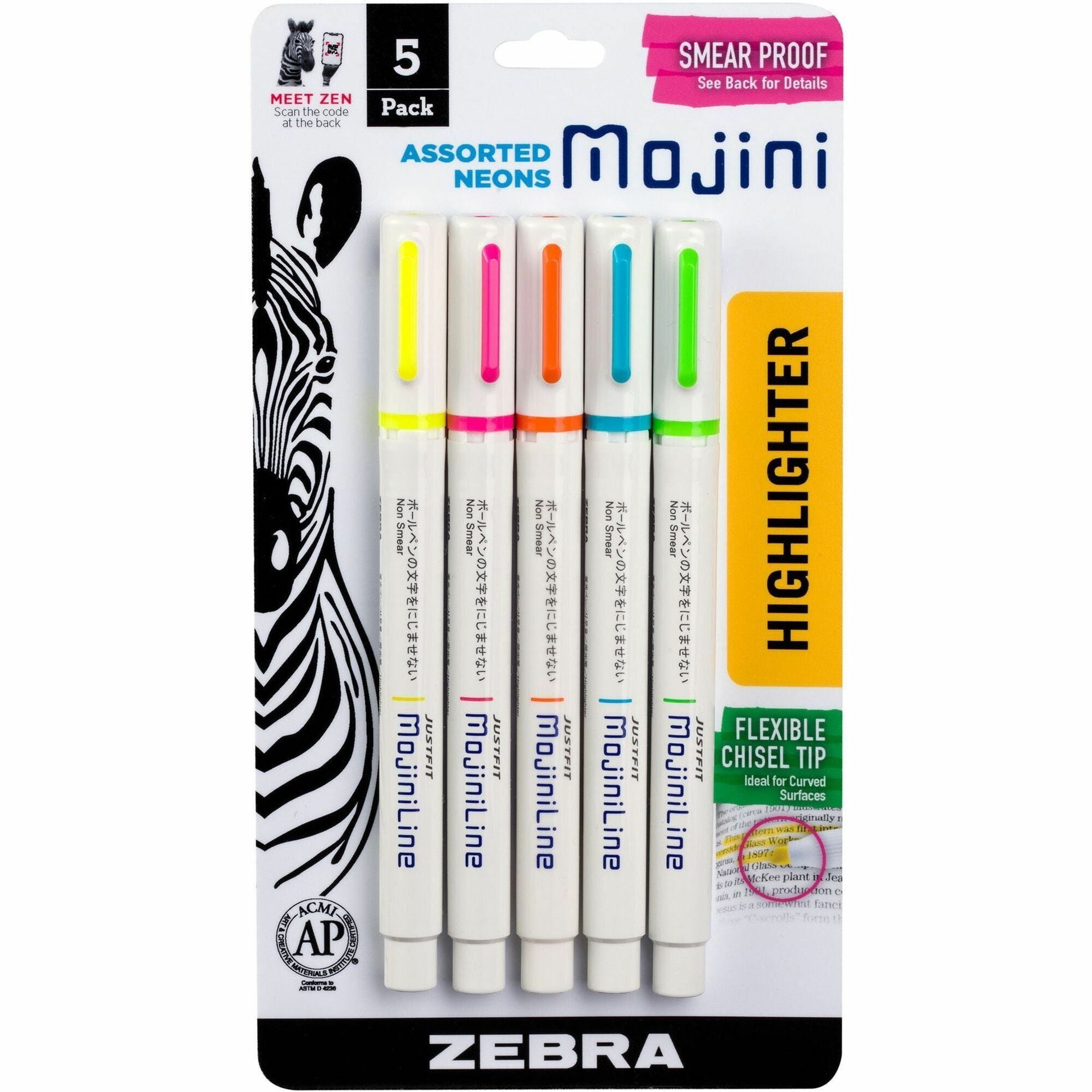 zebra-pen-mojini-single-ended-highlighters-4-mm-marker-point-size-chisel-marker-point-stylewater-based-ink-5-pack_zeb70205 - 1
