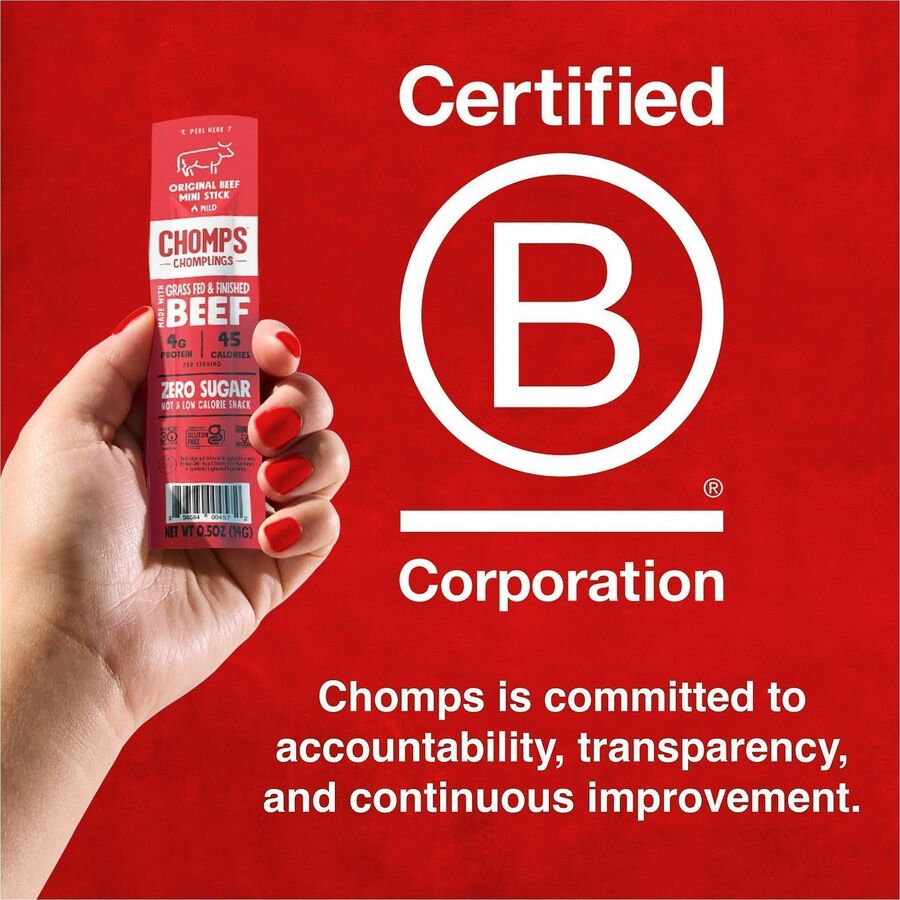 CHOMPS Chomplings Snack Sticks - Gluten-free, No Added Harmones - Original Beef Jerky, Spicy - 0.50 oz - 24 / Pack