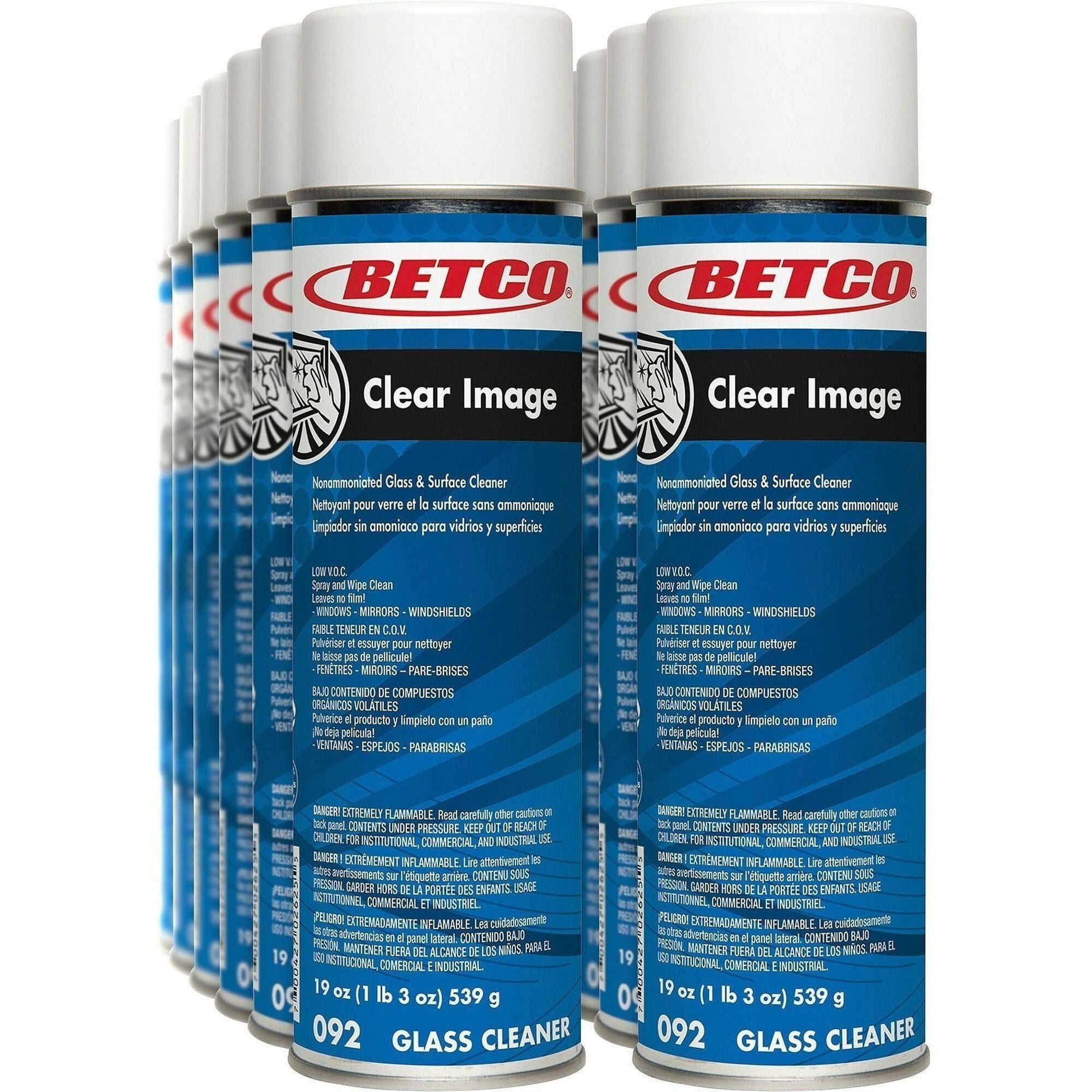 Betco Clear Image Glass & Surface Cleaner - 19 fl oz (0.6 quart)Aerosol Spray Can - 12 / Carton - Non Ammoniated, Fog-free, Streak-free, Anti-fog - White