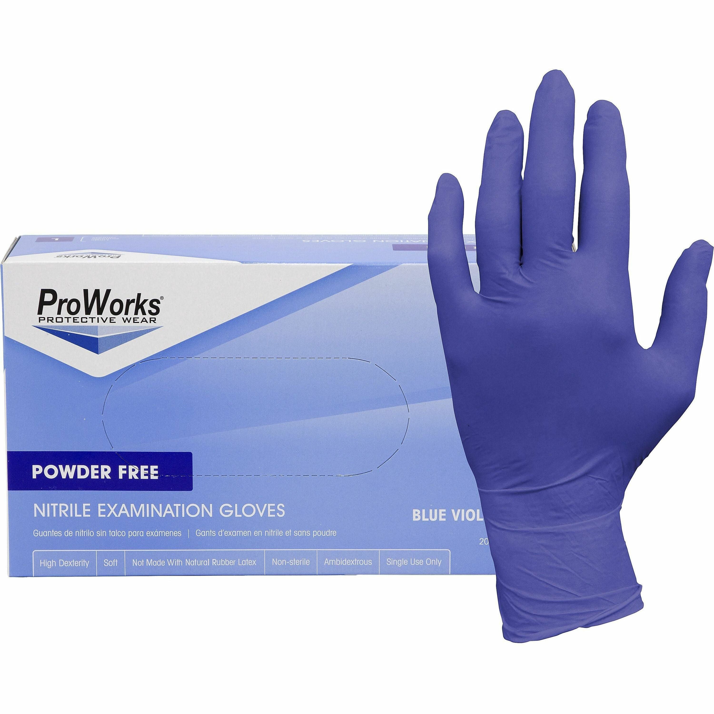 ProWorks Nitrile Exam Gloves - X-Large Size - Nitrile - Blue Violet - Soft, Flexible, Comfortable, Latex-free, Non-sterile - For General Purpose, Industrial, Food Service, Gardening, Dental - 200 / Box - 3 mil Thickness - 9.50" Glove Length