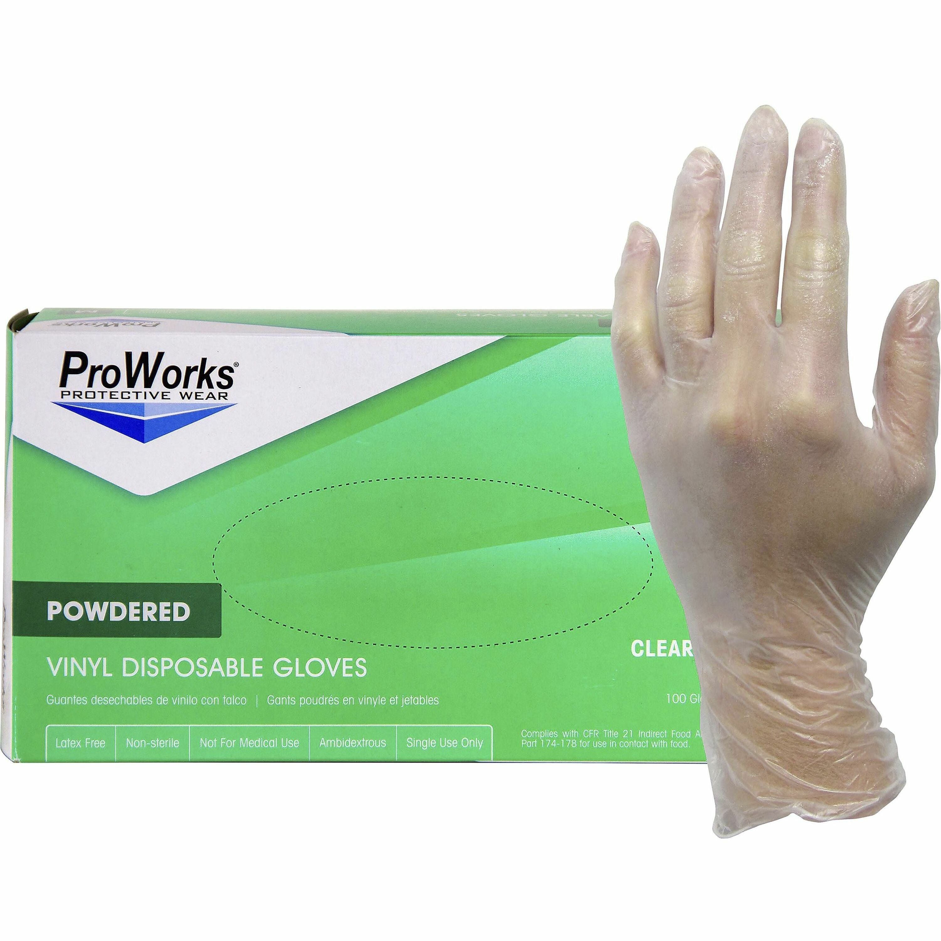 ProWorks Vinyl Powdered Industrial Gloves - Large Size - Vinyl - Clear - Powdered, Non-sterile - For Industrial, General Purpose, Construction, Food Processing, Food Service, Hospitality - 100 / Box - 3 mil Thickness - 9" Glove Length