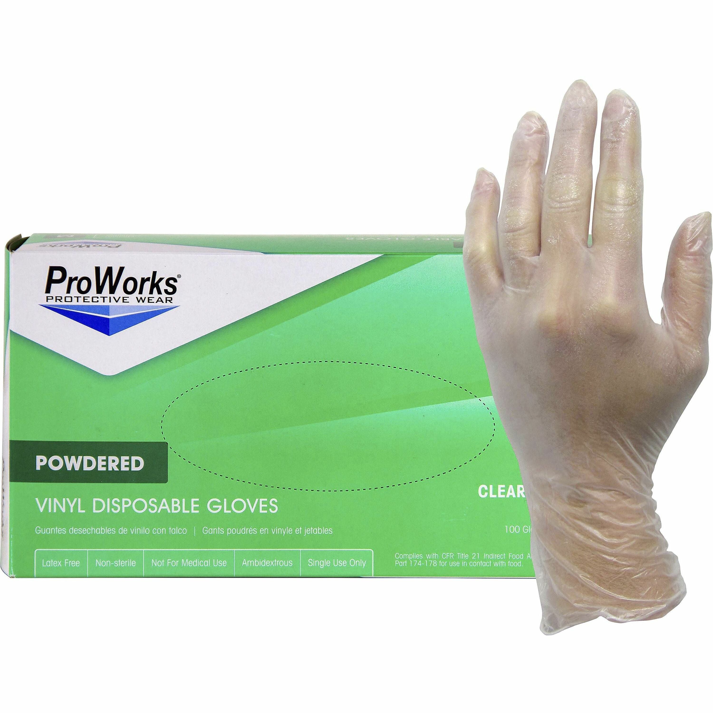 ProWorks Vinyl Powdered Industrial Gloves - Medium Size - Vinyl - Clear - Powdered, Non-sterile - For Industrial, General Purpose, Construction, Food Processing, Food Service, Hospitality - 100 / Box - 3 mil Thickness - 9" Glove Length