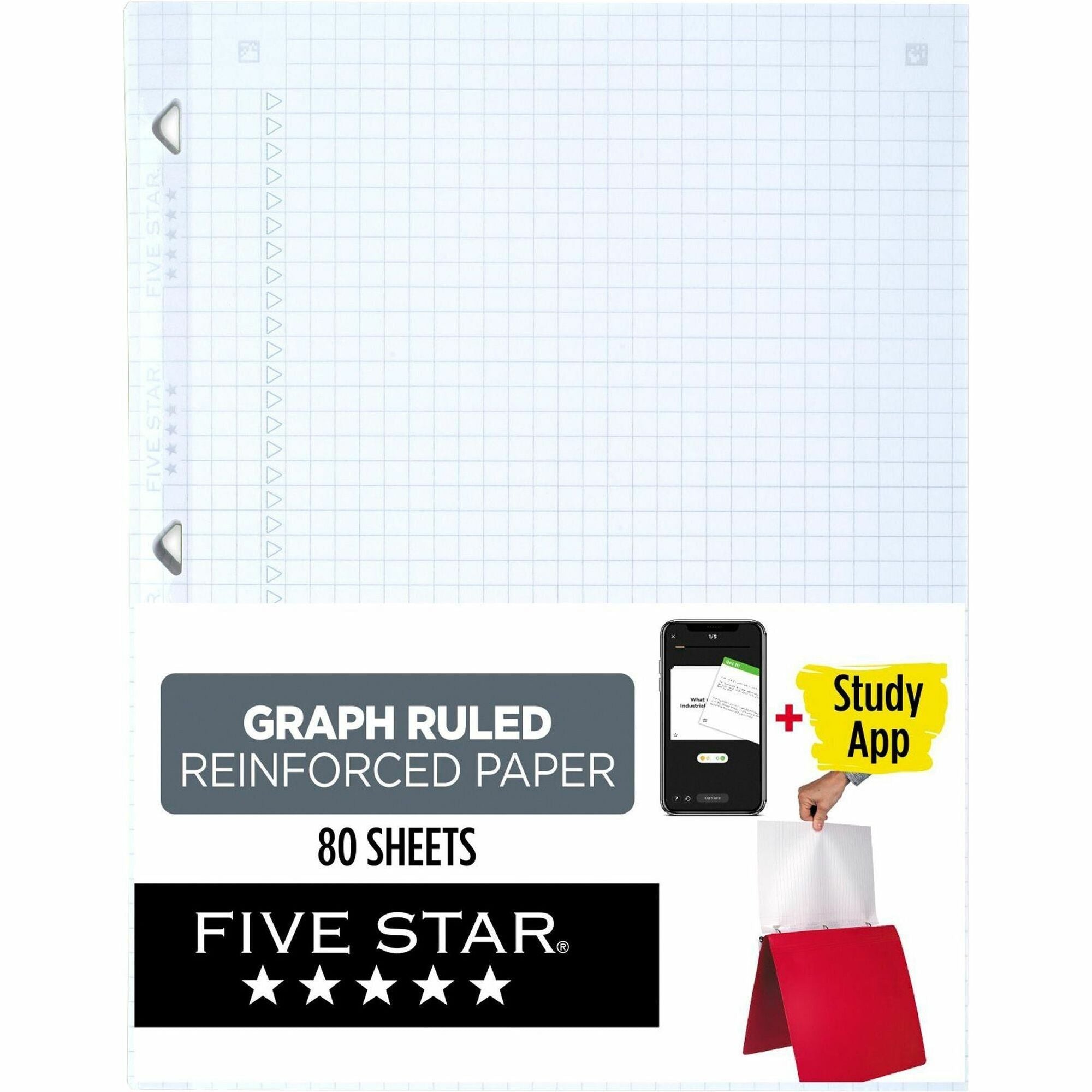 Five Star Reinforced Graph-Ruled Filler Paper - 80 Pages - Ruled Margin - Letter - 8 1/2" x 11" - White Paper - Heavyweight, Non-bleeding, Durable, Tear Resistant, Reinforced, Hole-punched - 1