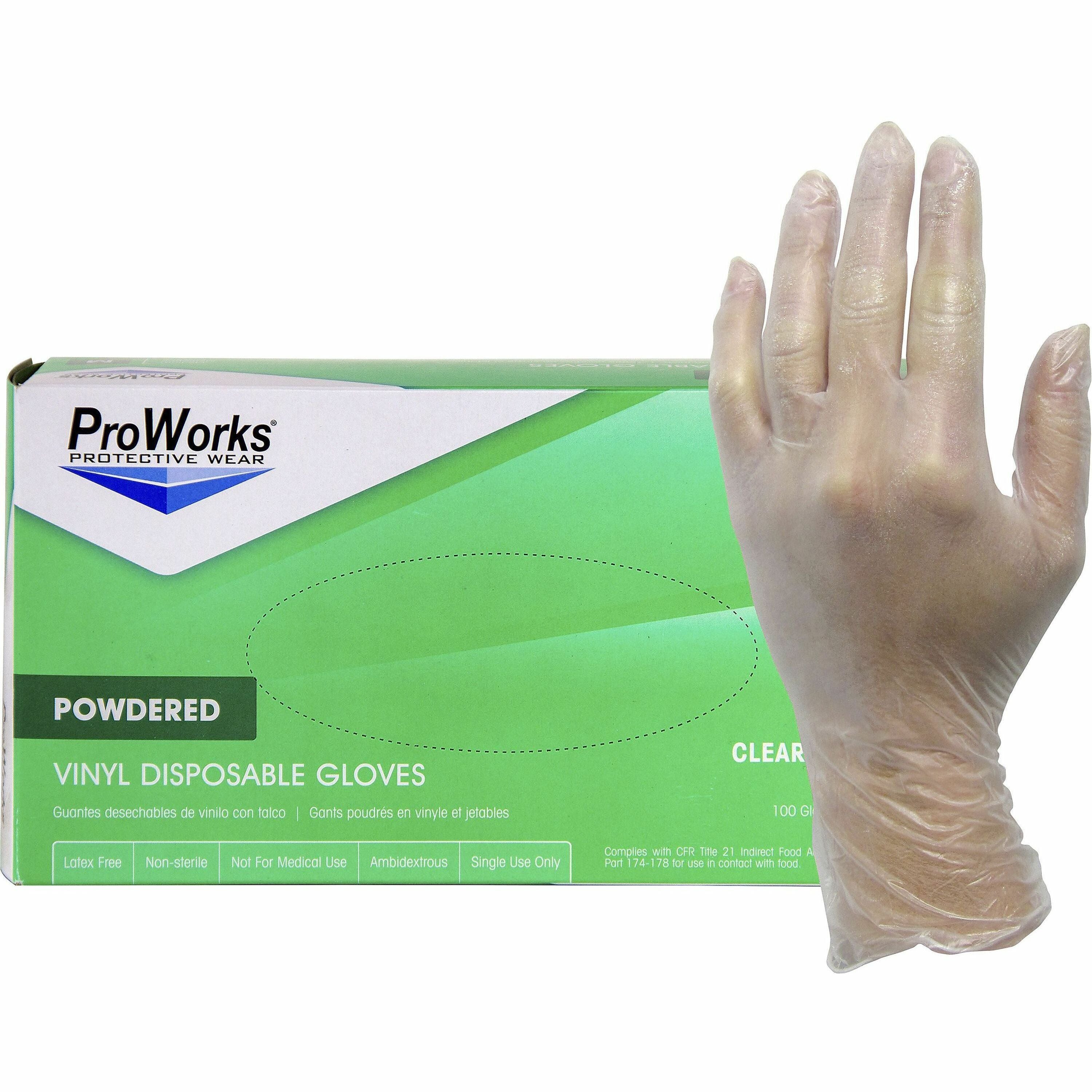 ProWorks Vinyl Powdered Industrial Gloves - X-Large Size - Vinyl - Clear - Powdered, Non-sterile - For Industrial, General Purpose, Construction, Food Processing, Food Service, Hospitality - 100 / Box - 3 mil Thickness - 9" Glove Length