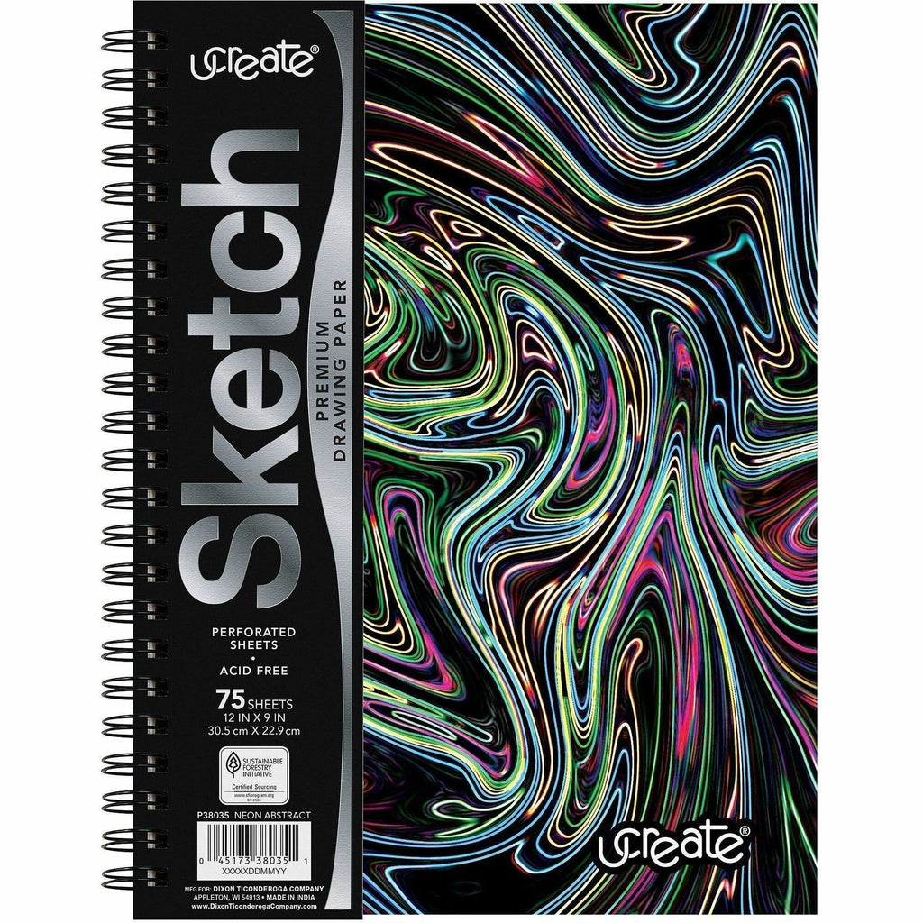 Pacon Fashion Sketch Book - 75 Pages - Spiral - 120 g/m2 Grammage - 9" x 6" - Neon Neon Squiggles Cover - Acid-free, Perforated, Durable