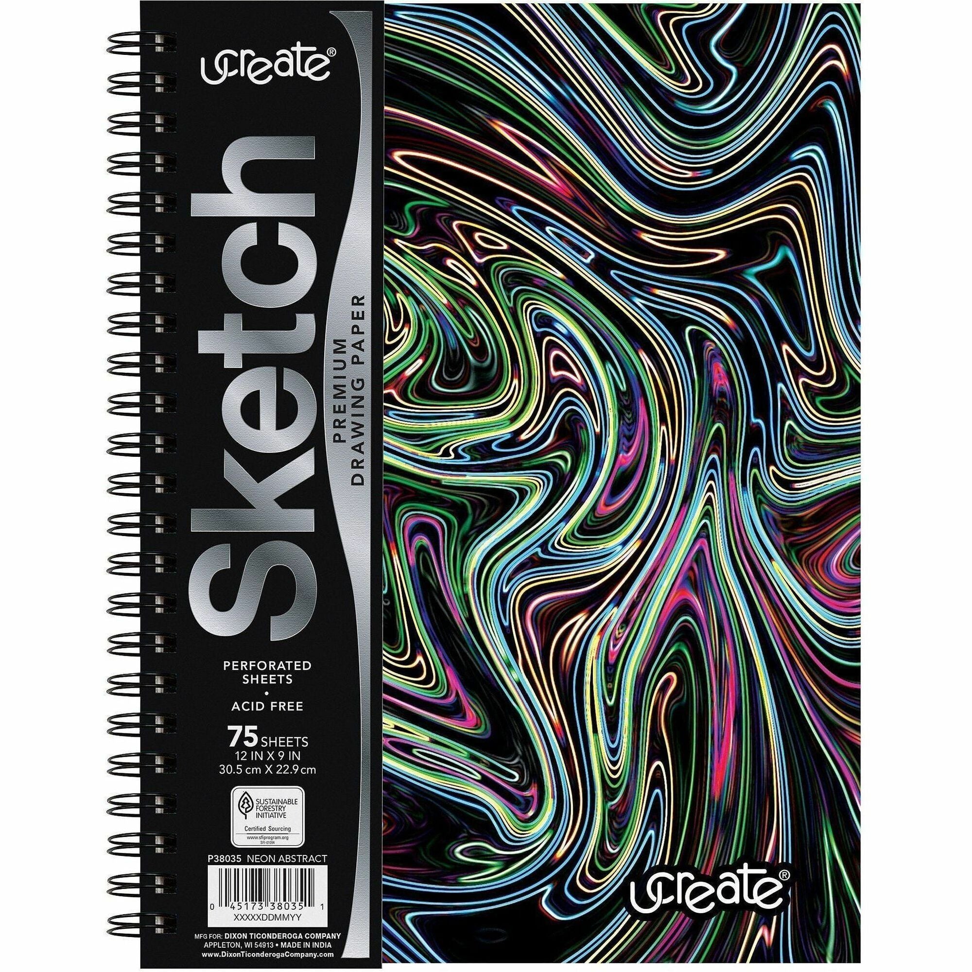 Pacon Fashion Sketch Book - 75 Pages - Spiral - 120 g/m2 Grammage - 9" x 6" - Neon Neon Squiggles Cover - Acid-free, Perforated, Durable
