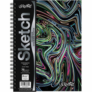 Pacon Fashion Sketch Book - 75 Pages - Spiral - 120 g/m2 Grammage - 9" x 6" - Neon Neon Squiggles Cover - Acid-free, Perforated, Durable