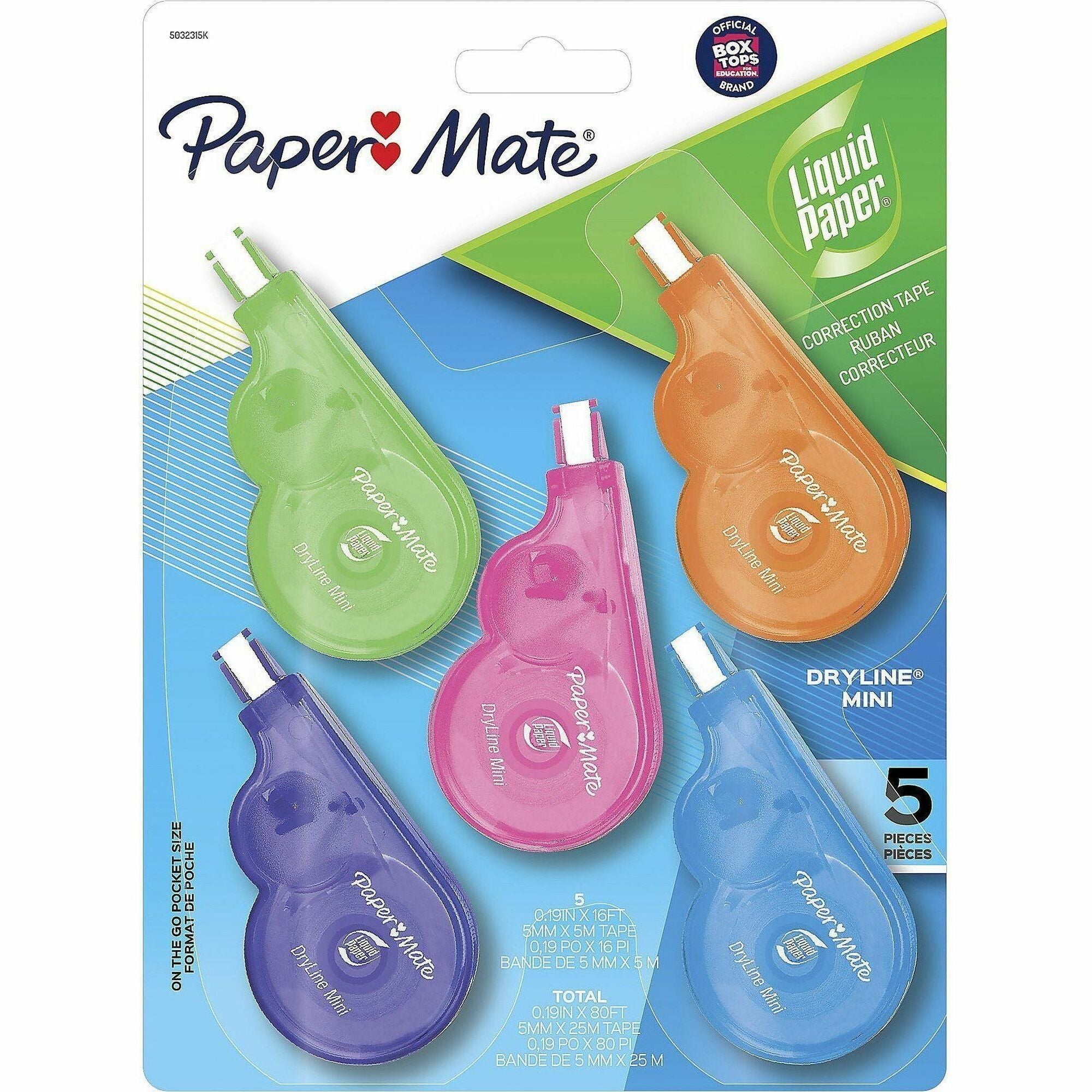 Paper Mate Dryline Mini Grip Correction Tape - 0.20" Width x 16.40 ft Length - White TapeAssorted Dispenser - Break Resistant, Mess-free - 5 / Pack - White