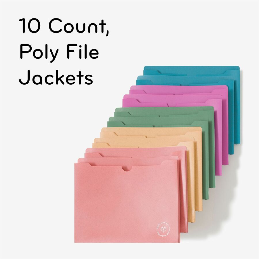 U-Eco Poly File Jackets, Straight Tab, Letter Size, Assorted, 10/Pack