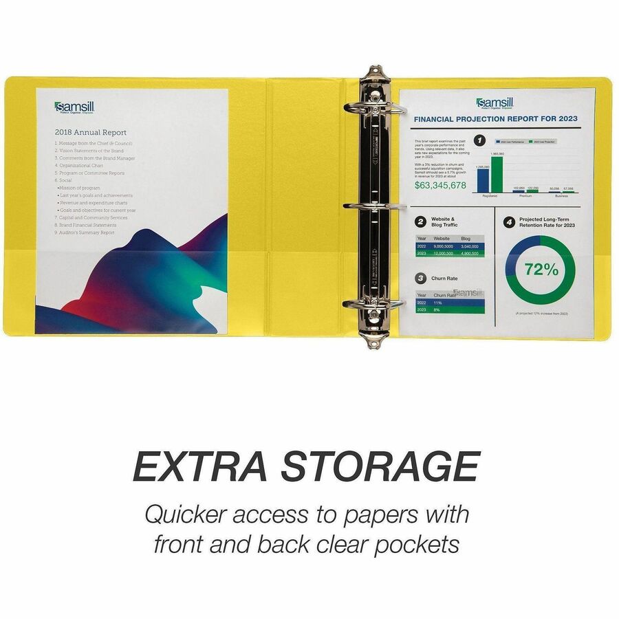 Samsill Durable Three-Ring View Binder - 3" Binder Capacity - 625 Sheet Capacity - 3 x D-Ring Fastener(s) - 2 Internal Pocket(s) - Polypropylene, Chipboard - Yellow - Recycled - Durable, PVC-free, Ink-transfer Resistant, Clear Overlay, Sturdy - 1 Eac