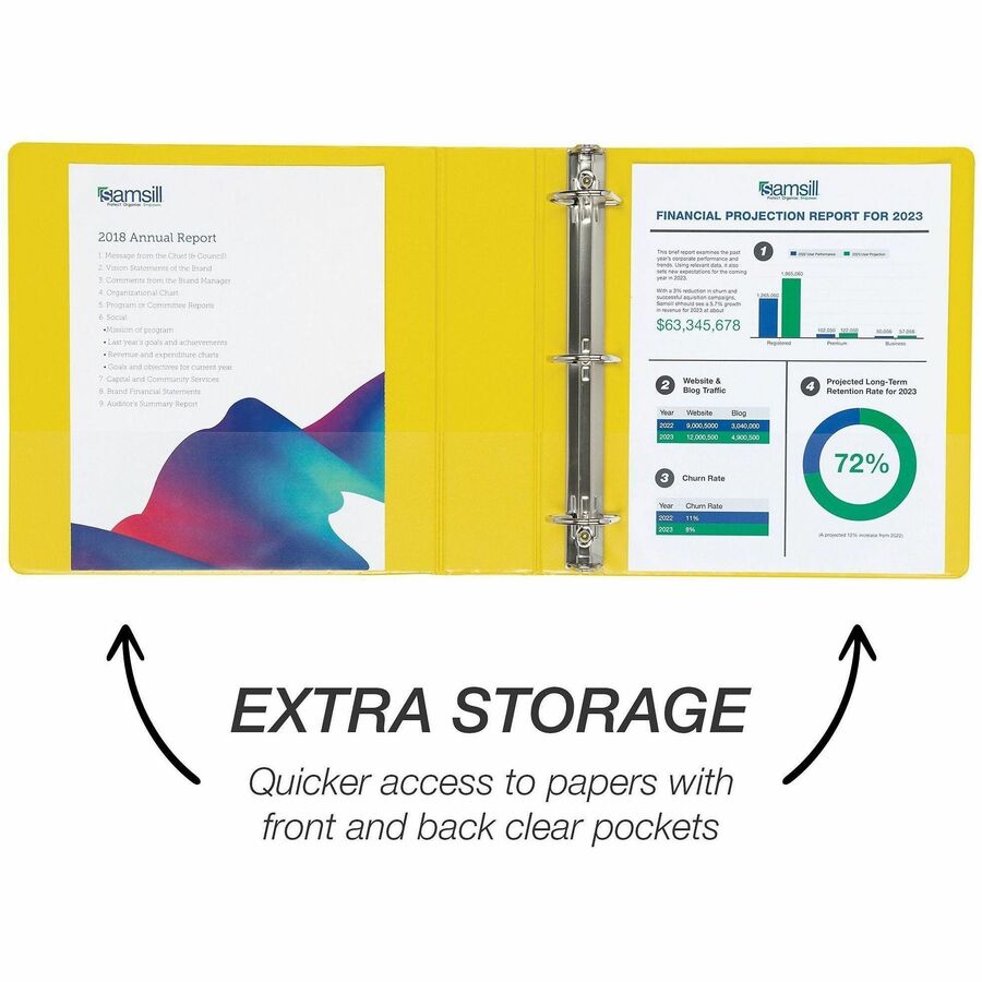 Samsill Durable Three-Ring View Binder - 2" Binder Capacity - 475 Sheet Capacity - 3 x D-Ring Fastener(s) - 2 Internal Pocket(s) - Polypropylene, Chipboard - Yellow - Recycled - Durable, PVC-free, Ink-transfer Resistant, Clear Overlay, Sturdy - 1 Eac