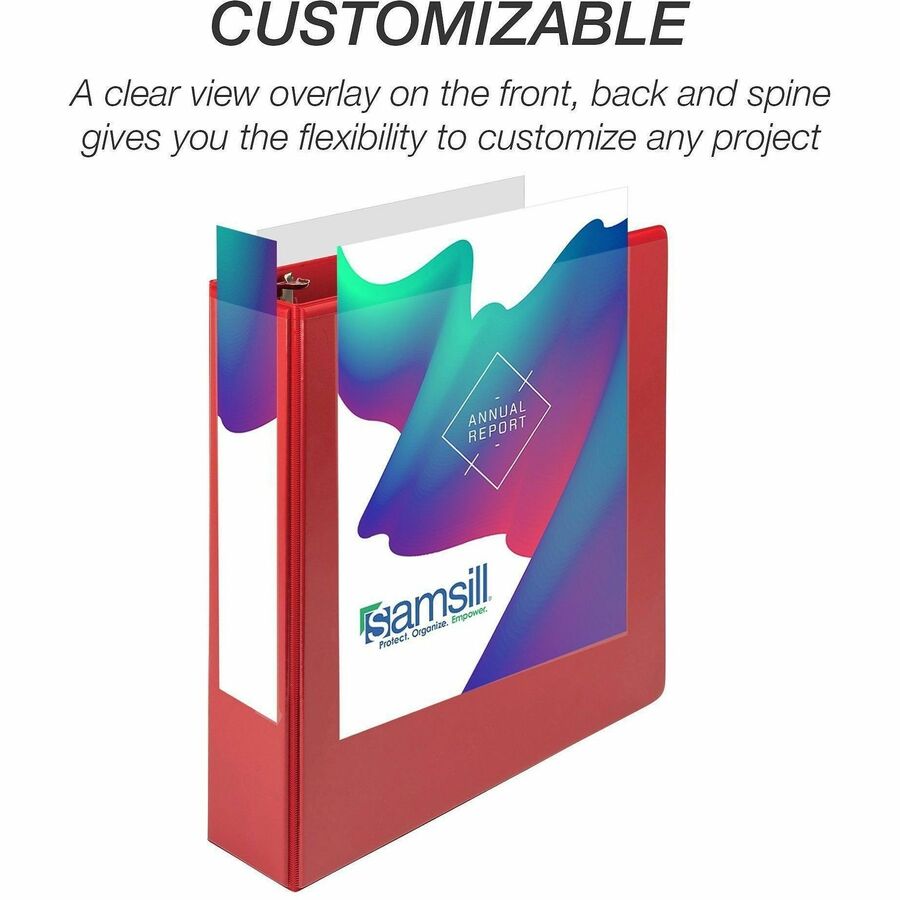Samsill Durable Three-Ring View Binder - 3" Binder Capacity - 625 Sheet Capacity - 3 x D-Ring Fastener(s) - 2 Internal Pocket(s) - Polypropylene, Chipboard - Red - Recycled - Durable, PVC-free, Ink-transfer Resistant, Clear Overlay, Sturdy - 1 Each