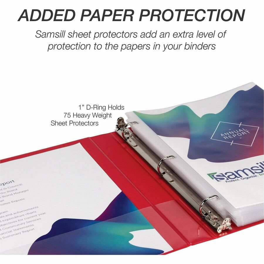 Samsill Durable Three-Ring View Binder - 1" Binder Capacity - 225 Sheet Capacity - 3 x D-Ring Fastener(s) - 2 Internal Pocket(s) - Polypropylene, Chipboard - Red - Recycled - Durable, PVC-free, Ink-transfer Resistant, Clear Overlay, Sturdy - 1 Each