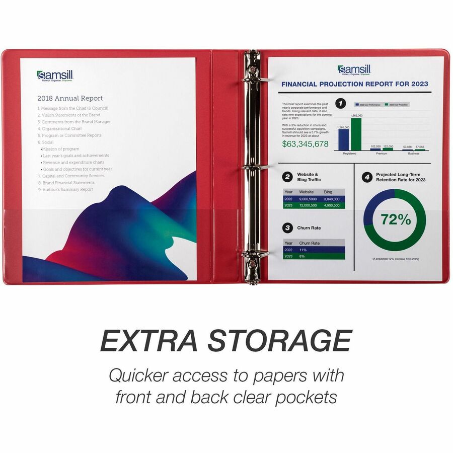 Samsill Durable Three-Ring View Binder - 1" Binder Capacity - 225 Sheet Capacity - 3 x D-Ring Fastener(s) - 2 Internal Pocket(s) - Polypropylene, Chipboard - Red - Recycled - Durable, PVC-free, Ink-transfer Resistant, Clear Overlay, Sturdy - 1 Each - 2