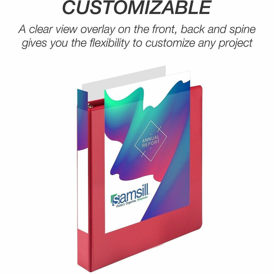 Samsill Durable Three-Ring View Binder - 1" Binder Capacity - 225 Sheet Capacity - 3 x D-Ring Fastener(s) - 2 Internal Pocket(s) - Polypropylene, Chipboard - Red - Recycled - Durable, PVC-free, Ink-transfer Resistant, Clear Overlay, Sturdy - 1 Each