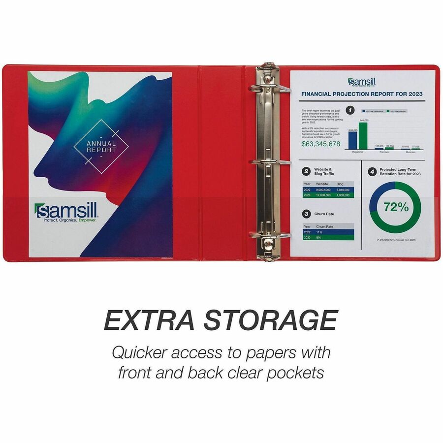 Samsill Durable Three-Ring View Binder - 2" Binder Capacity - 475 Sheet Capacity - 3 x D-Ring Fastener(s) - 2 Internal Pocket(s) - Polypropylene, Chipboard - Red - Recycled - Durable, PVC-free, Ink-transfer Resistant, Clear Overlay, Sturdy - 1 Each