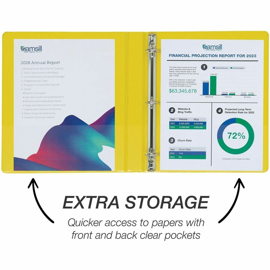 Samsill Durable Three-Ring View Binder - 1" Binder Capacity - 225 Sheet Capacity - 3 x D-Ring Fastener(s) - 2 Internal Pocket(s) - Polypropylene, Chipboard - Yellow - Recycled - Durable, PVC-free, Ink-transfer Resistant, Clear Overlay, Sturdy - 1 Eac