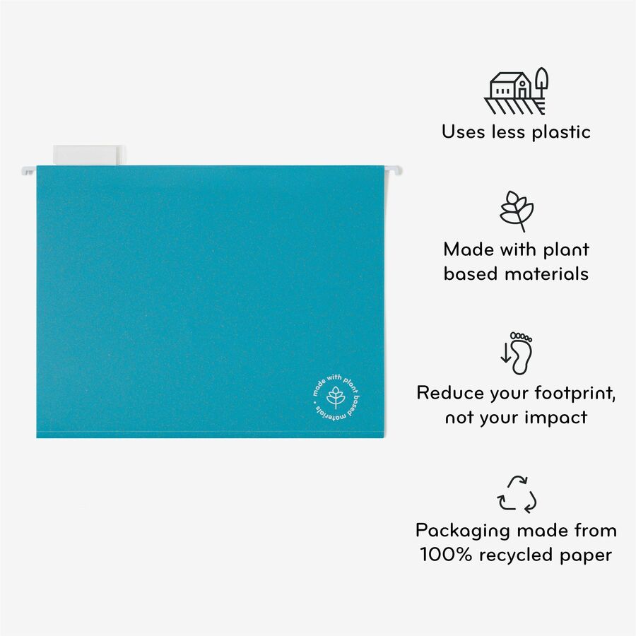 U-Eco Hanging File Folders, Letter Size, 1/5-Cut Tabs, Assorted, 12/Pack