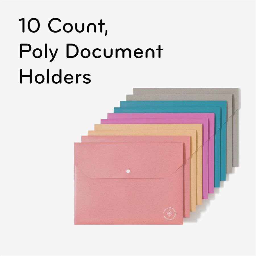 U-Eco Document Holder, 0.59" Expansion, 1 Section, Snap Button Closure, Letter Size, Assorted Colors, 10/Pack