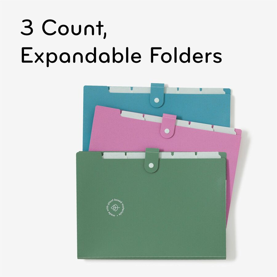 U-Eco Six-Pocket Expandable Folder, 4.5" Expansion, 6 Sections, Snap Button Closure, 1/6-Cut Tabs, Letter Size, 3/Pack