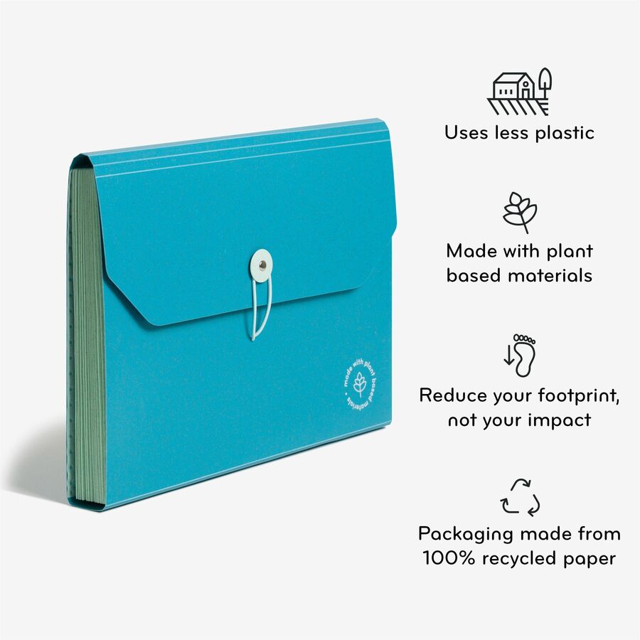 U-Eco 13-Pocket Expandable File, 9.75" Expansion, 13 Sections; Button/Elastic Closure, 1/12-Cut Tabs, Letter Size, Ocean