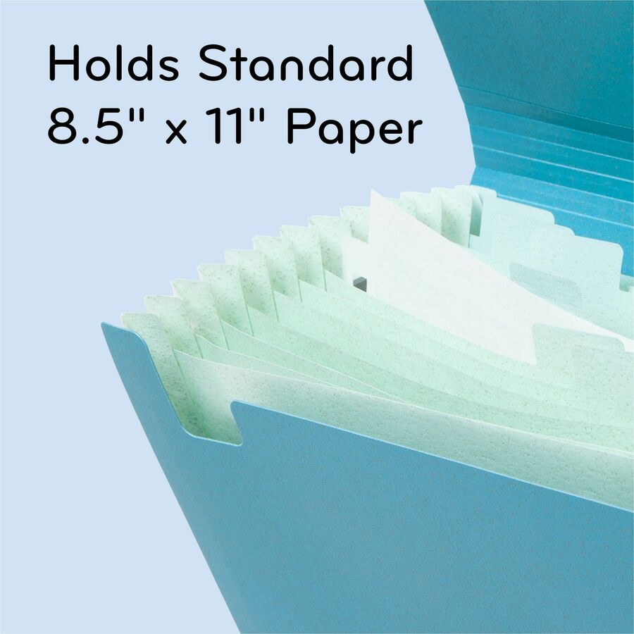 U-Eco 13-Pocket Expandable File, 9.75" Expansion, 13 Sections; Button/Elastic Closure, 1/12-Cut Tabs, Letter Size, Ocean