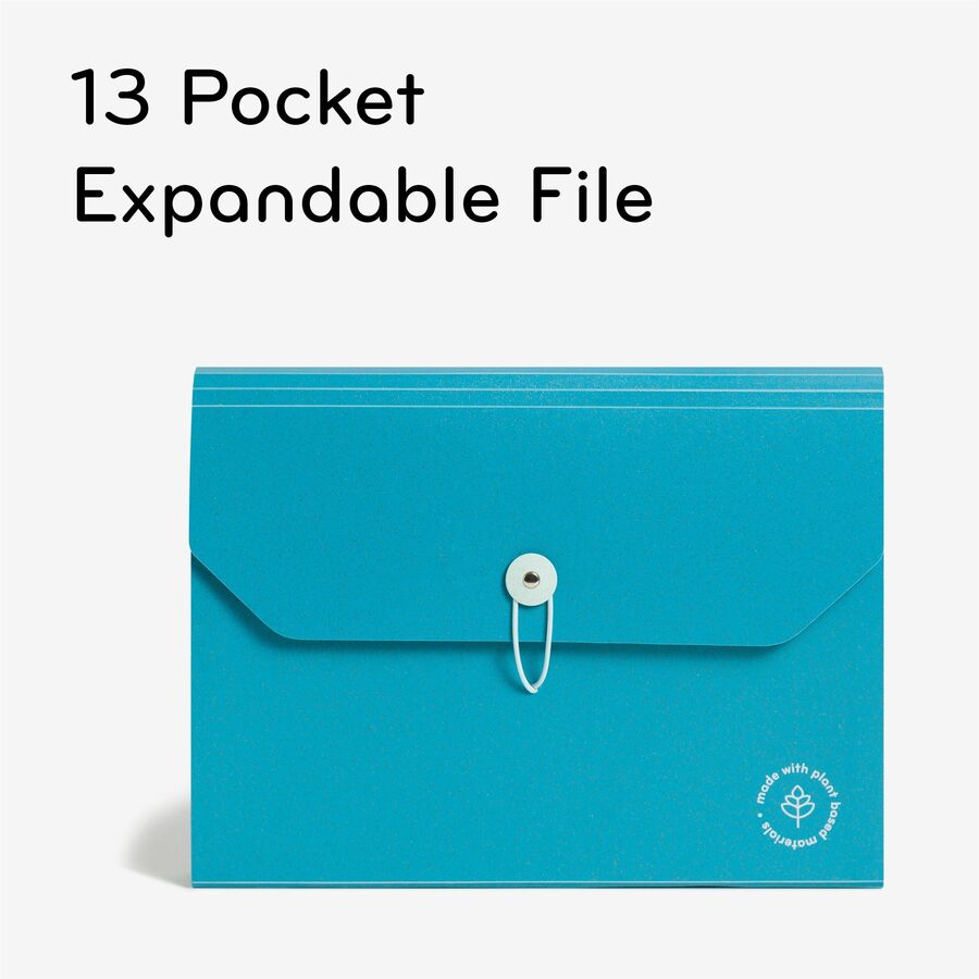 U-Eco 13-Pocket Expandable File, 9.75" Expansion, 13 Sections; Button/Elastic Closure, 1/12-Cut Tabs, Letter Size, Ocean