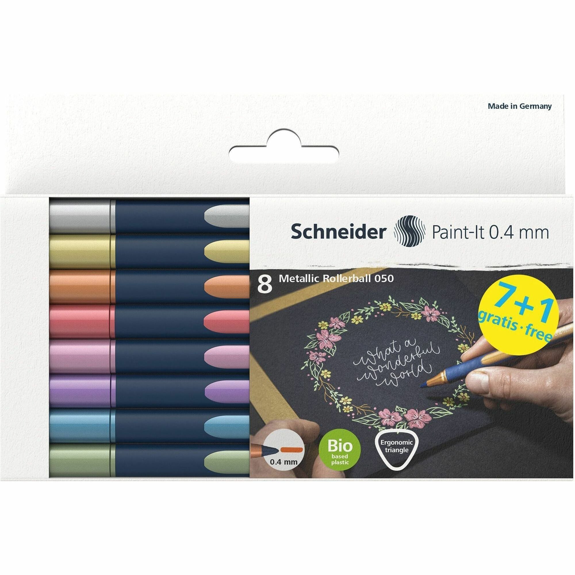 schneider-metallic-rollerball-pens-04-mm-pen-point-size-assorted-metallic-bioplastic-barrel-8-pack_redml05011502 - 1