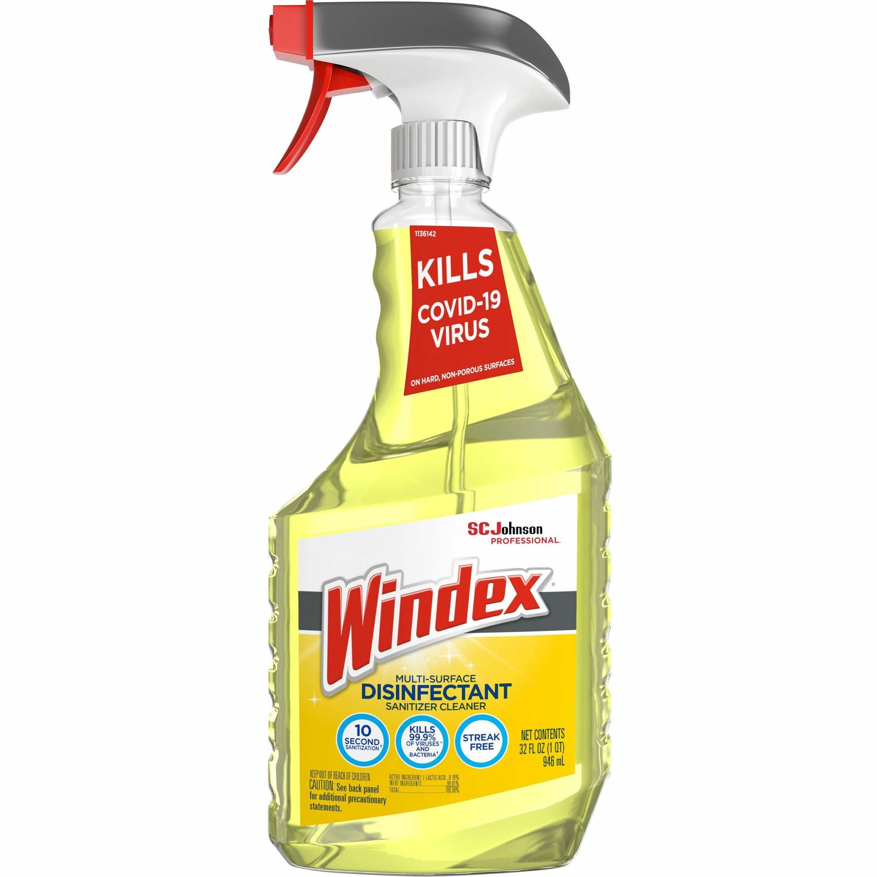 Windex Multisurface Disinfectant Spray - Concentrate - 32 fl oz (1 quart) - Citrus ScentTrigger Bottle - 8 / Carton - Streak-free, Residue-free - Yellow