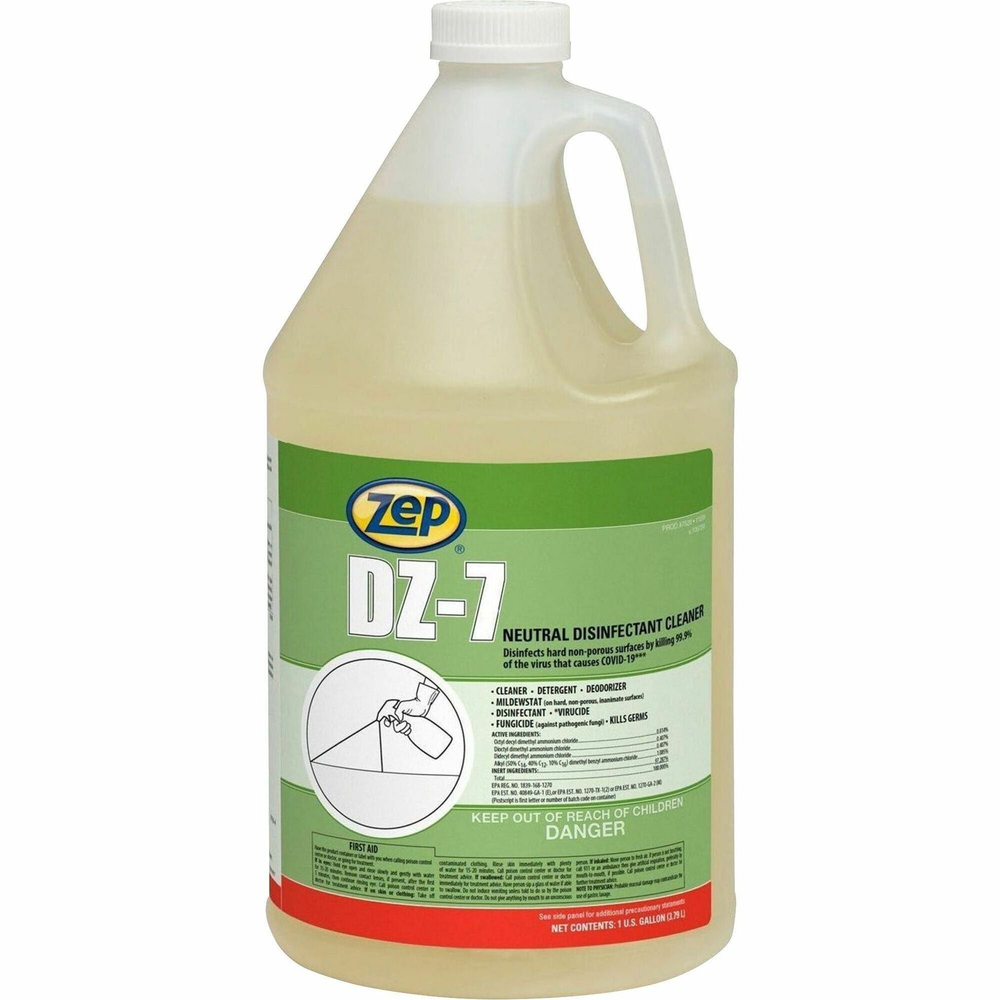 Zep Commercial DZ-7 Neutral Disinfectant Cleaner - 128 fl oz (4 quart) - Neutral Scent - 1 Each - Virucidal, Bactericide, Fungicide, Mildewstatic, pH Neutral, Phosphate-free, Butyl-free, APE-free - Yellow - 1