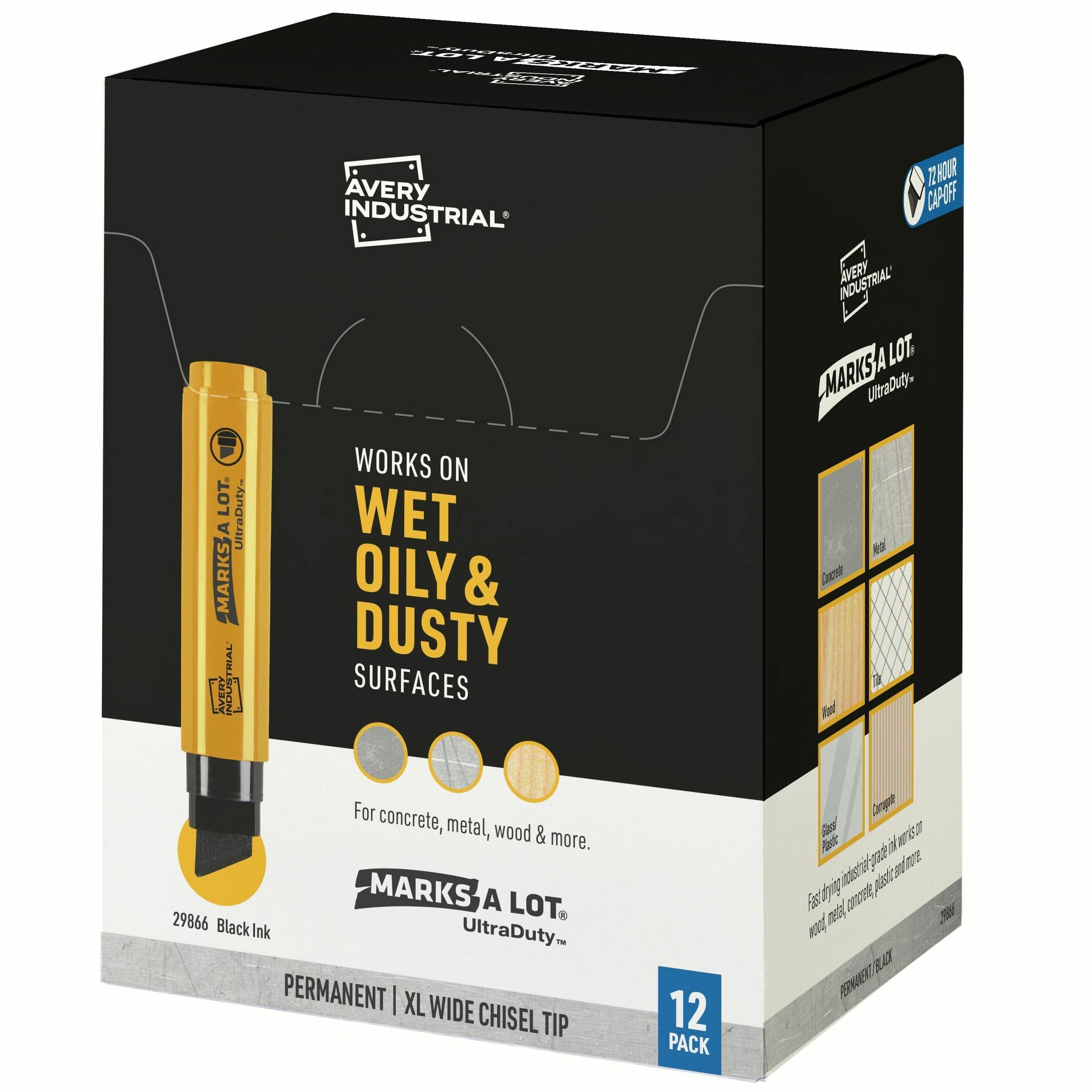 Avery UltraDuty Markers, XL Wide Tip, 12 Black Markers (29866) - Narrow, Bold Marker Point - 18 mm Marker Point Size - Chisel Marker Point Style - Black - Polyester Tip - 1