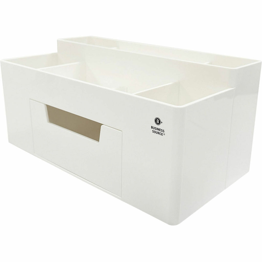 Business Source Multi-Grid Desktop Organizer - 7 Compartment(s) - 1 Drawer(s) - 3.9" Height x 8.9" Width x 4.8" DepthDesktop - Storage Drawer, Removable Drawer, Durable - White - ABS Plastic - 1 Each