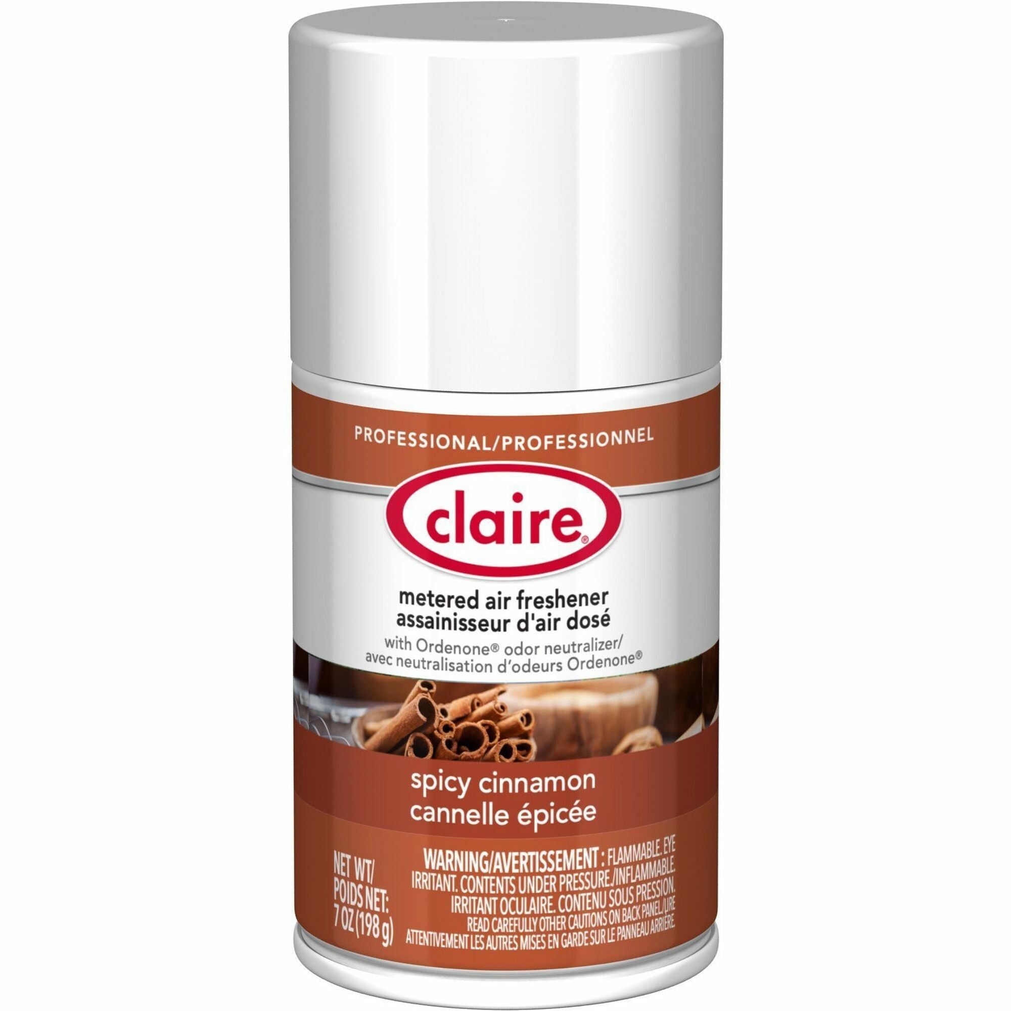 Claire Metered Air Freshener with Ordenone - Aerosol - 6000 ft - 7 fl oz (0.2 quart) - Spicy Cinnamon - 30 Day - 12 / Carton - Odor Neutralizer