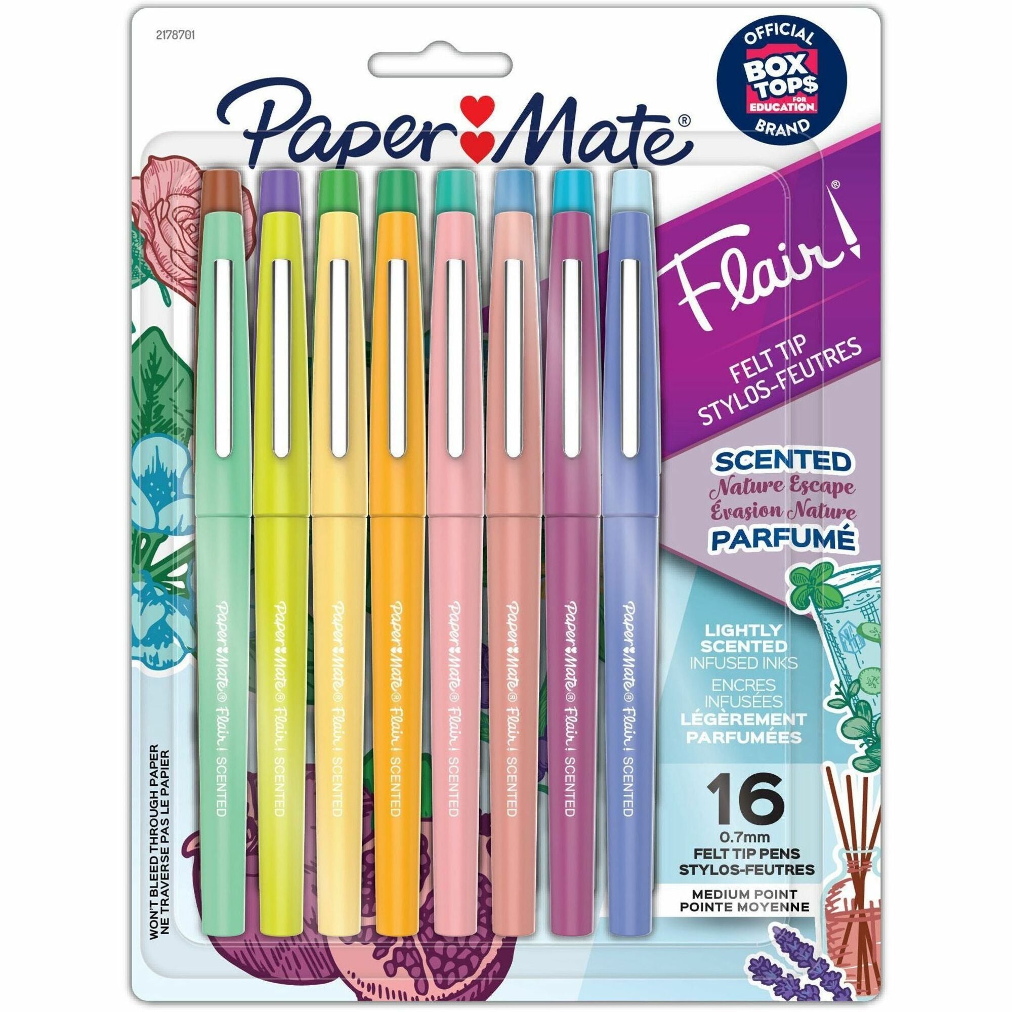 Flair Scented Felt Tip Porous Point Pen, Nature Escape Scents, Medium 0.7 mm, Assorted Ink and Barrel Colors, 16/Pack