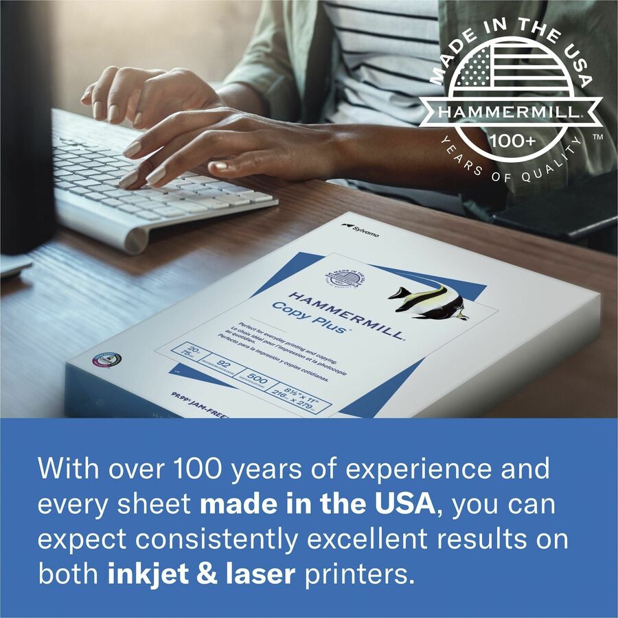 Hammermill Copy Plus Paper - 92 Brightness - 11" x 17" - 75 g/m2 Grammage - 5 / Carton - 2500 Sheets - 500 Sheets per Ream - LEED - Jam-free, Acid-free, Non-yellowing, Long Lasting - White - TAA Compliant