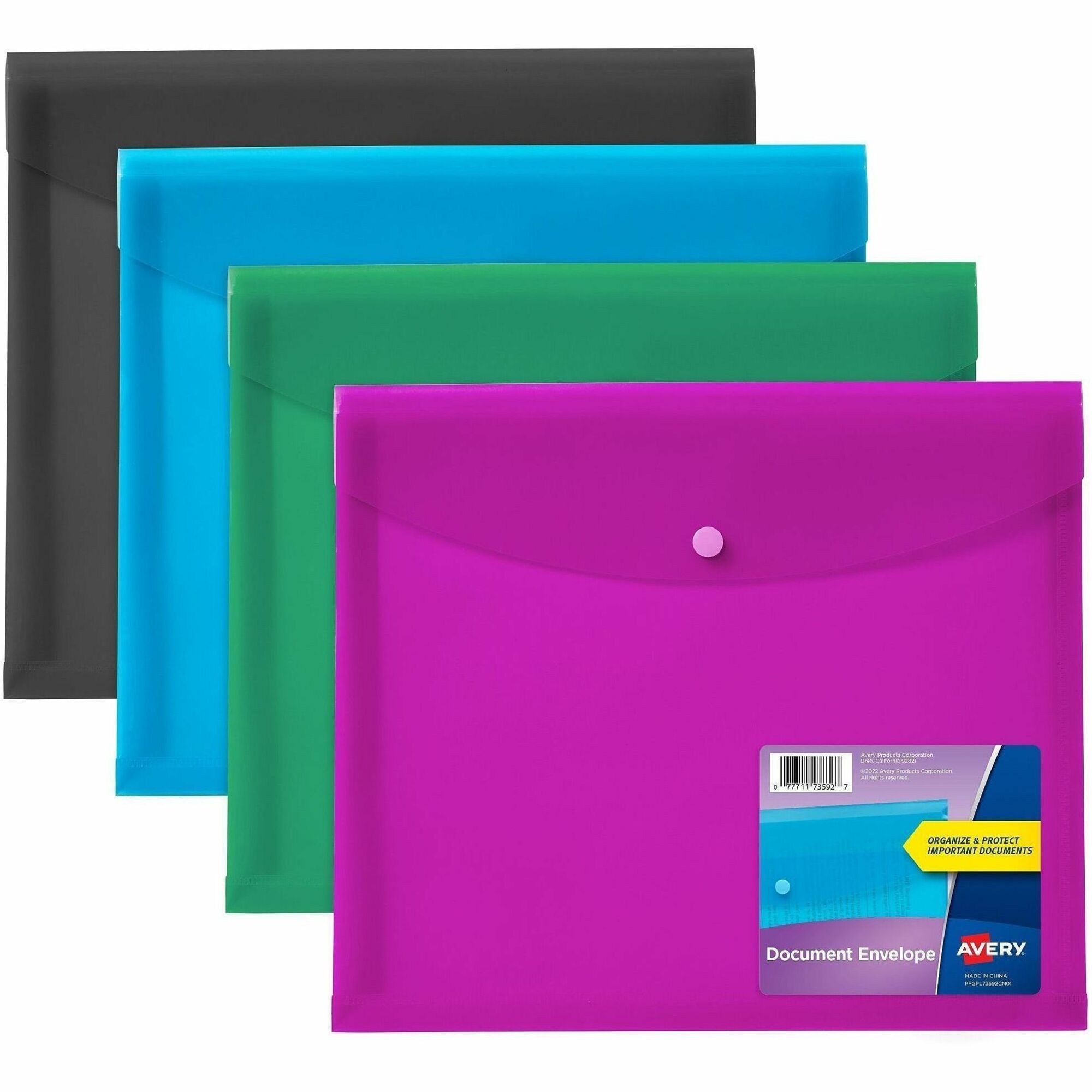 Avery Letter, A4 Recycled Filing Envelope - 450 Sheet Capacity - Plastic, Polypropylene - Black, Aqua, Sage, Plum - 100% Recycled - 4 Pack